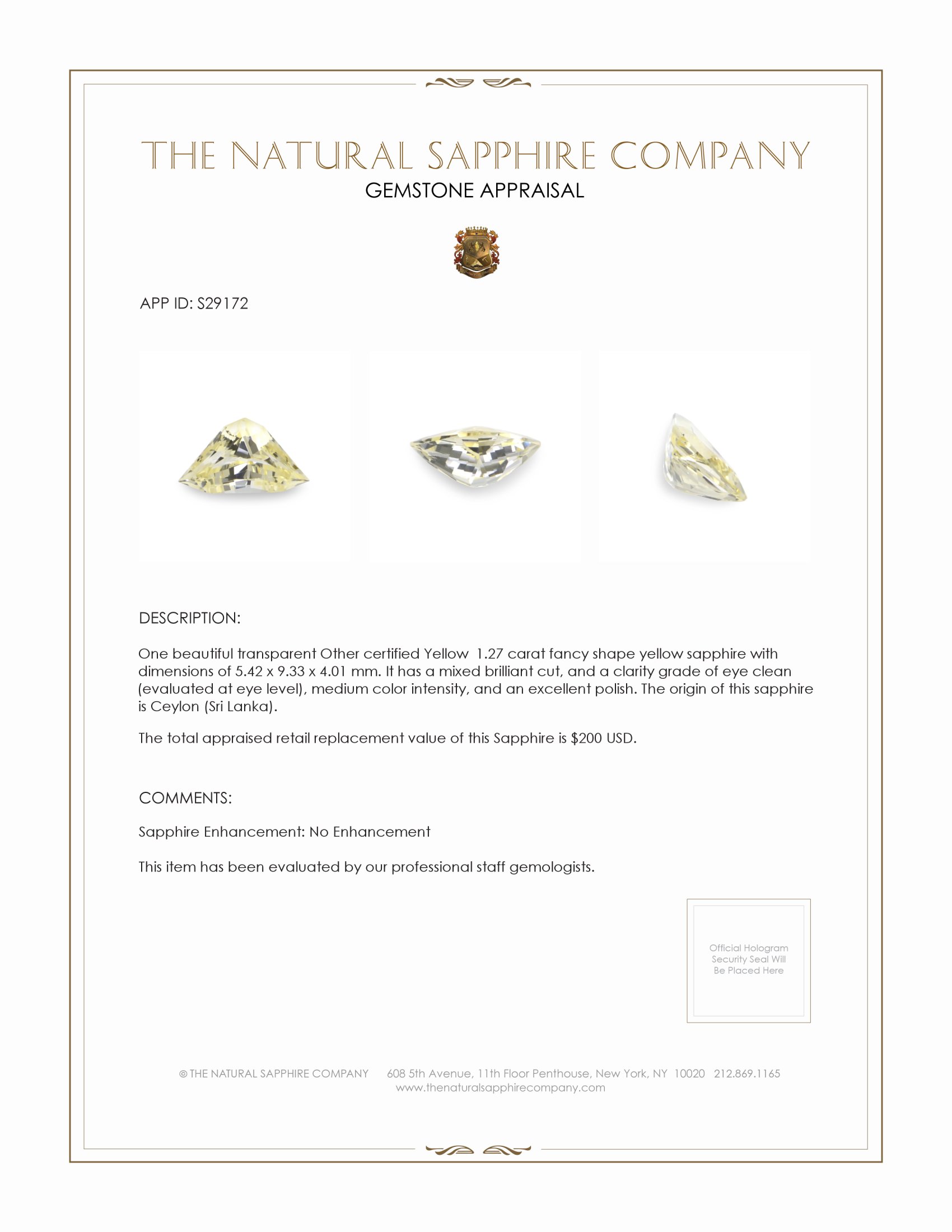 1.27 Ct. Yellow Sapphire from Ceylon (Sri Lanka)