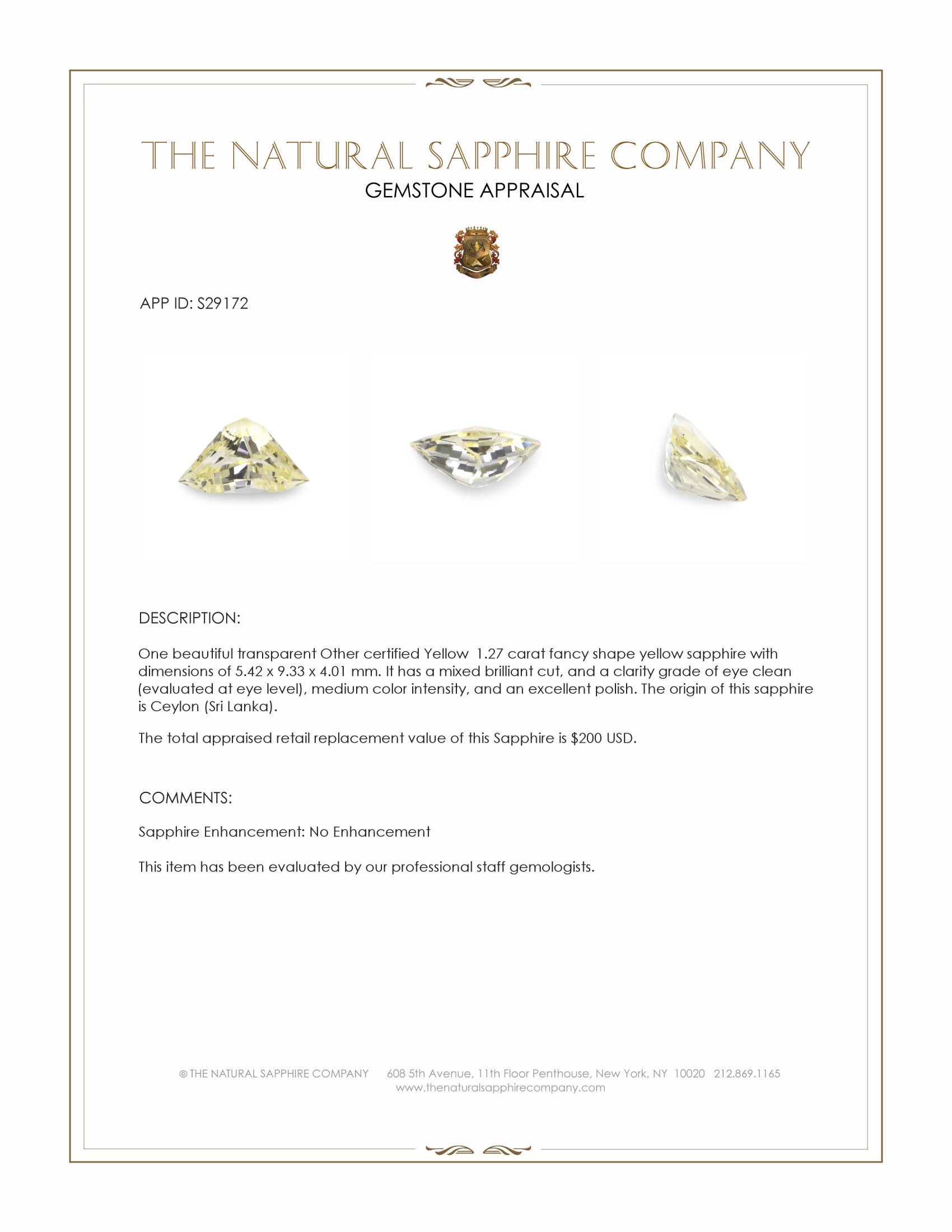 1.27 Ct. Yellow Sapphire from Ceylon (Sri Lanka)