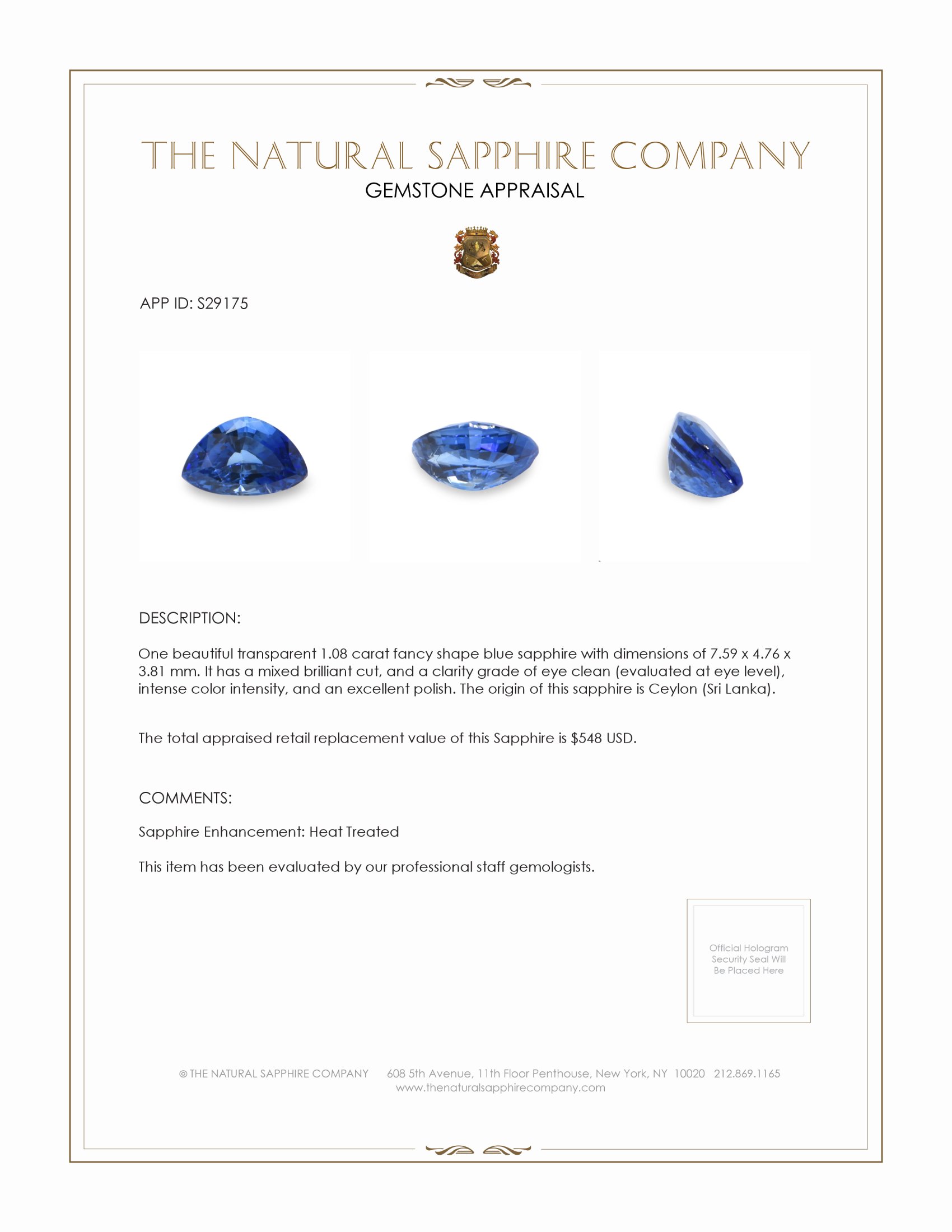 1.08 Ct. Blue Sapphire from Ceylon (Sri Lanka)
