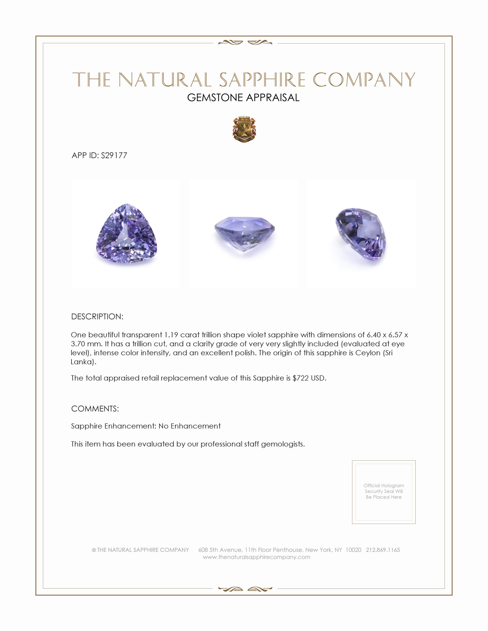 1.19 Ct. Violet Sapphire from Ceylon (Sri Lanka)