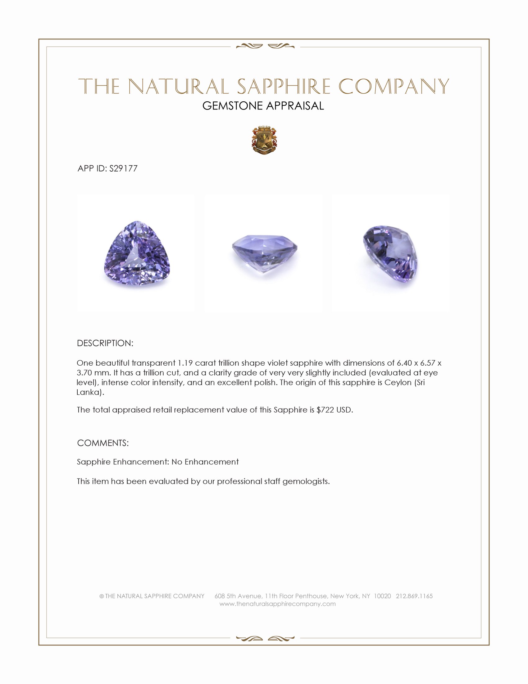1.19 Ct. Violet Sapphire from Ceylon (Sri Lanka)