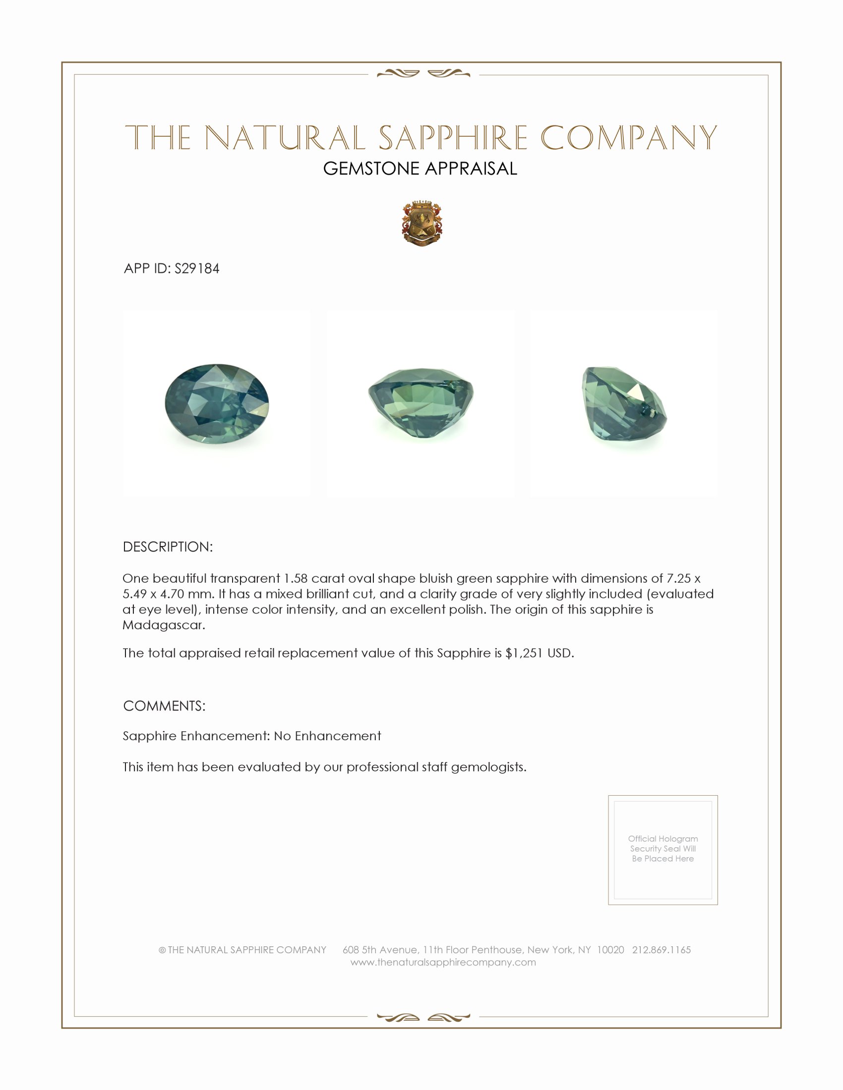 1.58 Ct. Bluish Green Sapphire from Madagascar