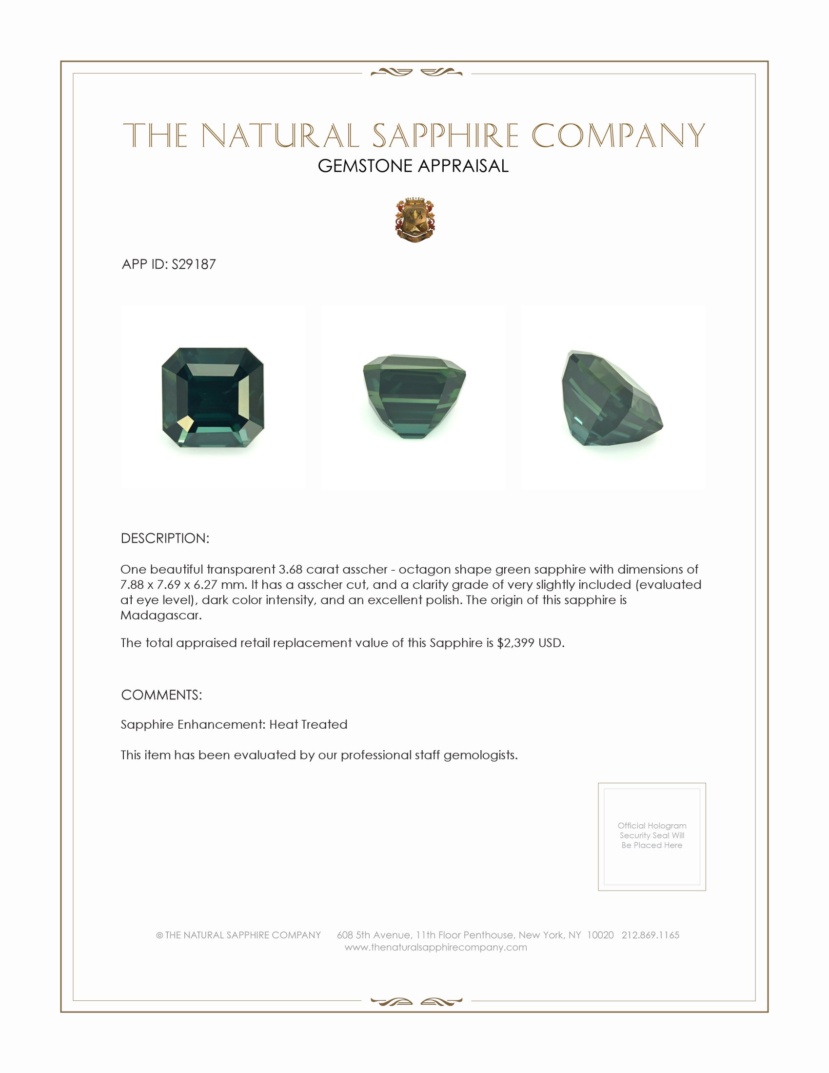 3.68 Ct. Green Sapphire from Madagascar