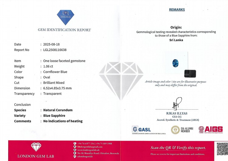 1.06 Ct. Blue Sapphire from Ceylon (Sri Lanka)