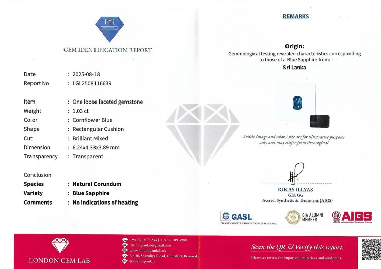 1.03 Ct. Blue Sapphire from Ceylon (Sri Lanka)