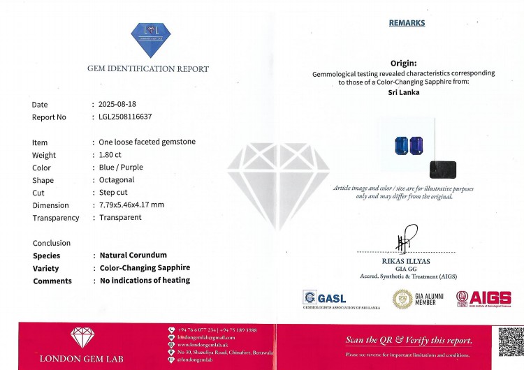 1.80 Ct. Color Change Sapphire from Ceylon (Sri Lanka)