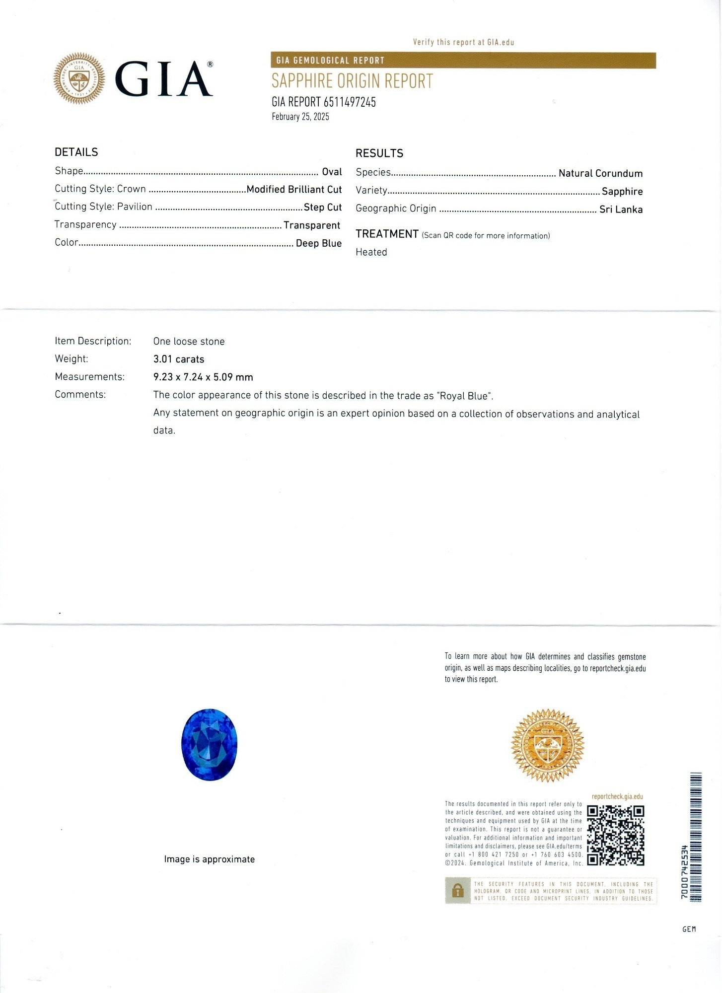 3.01 Ct. Blue Sapphire from Ceylon (Sri Lanka)