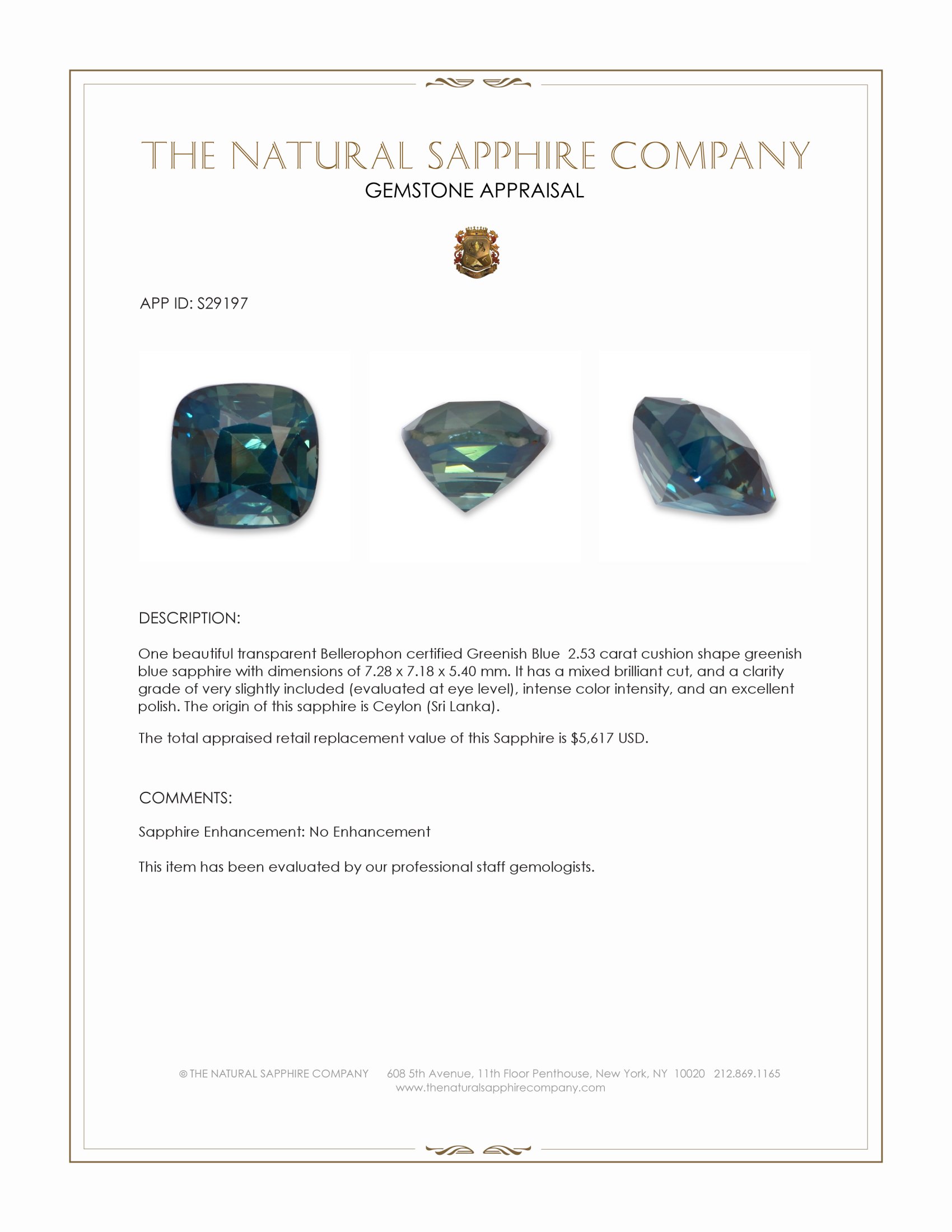 2.53 Ct. Greenish Blue Sapphire from Ceylon (Sri Lanka)