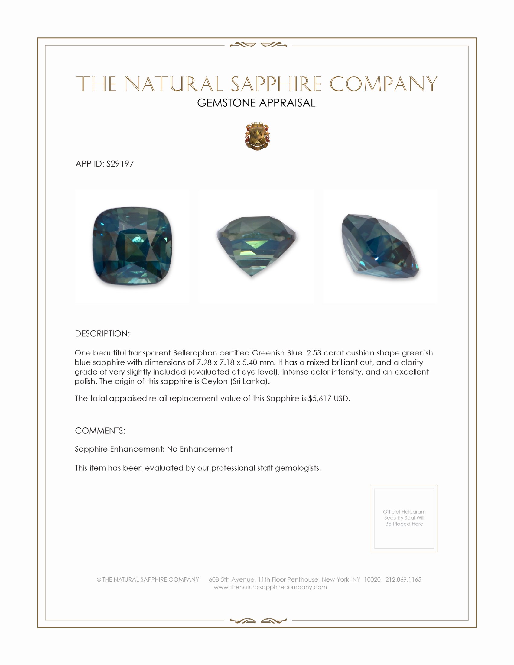 2.53 Ct. Greenish Blue Sapphire from Ceylon (Sri Lanka)