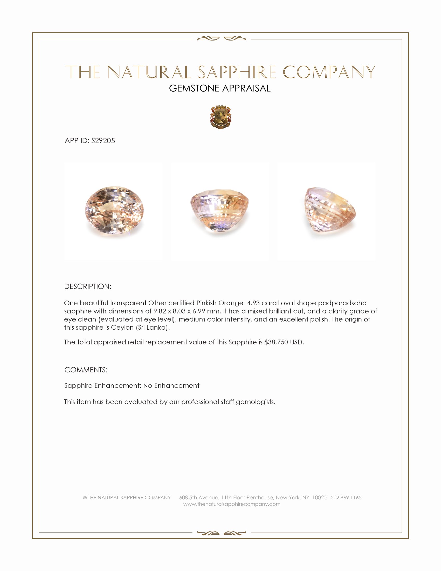 4.93 Ct. Padparadscha Sapphire from Ceylon (Sri Lanka)