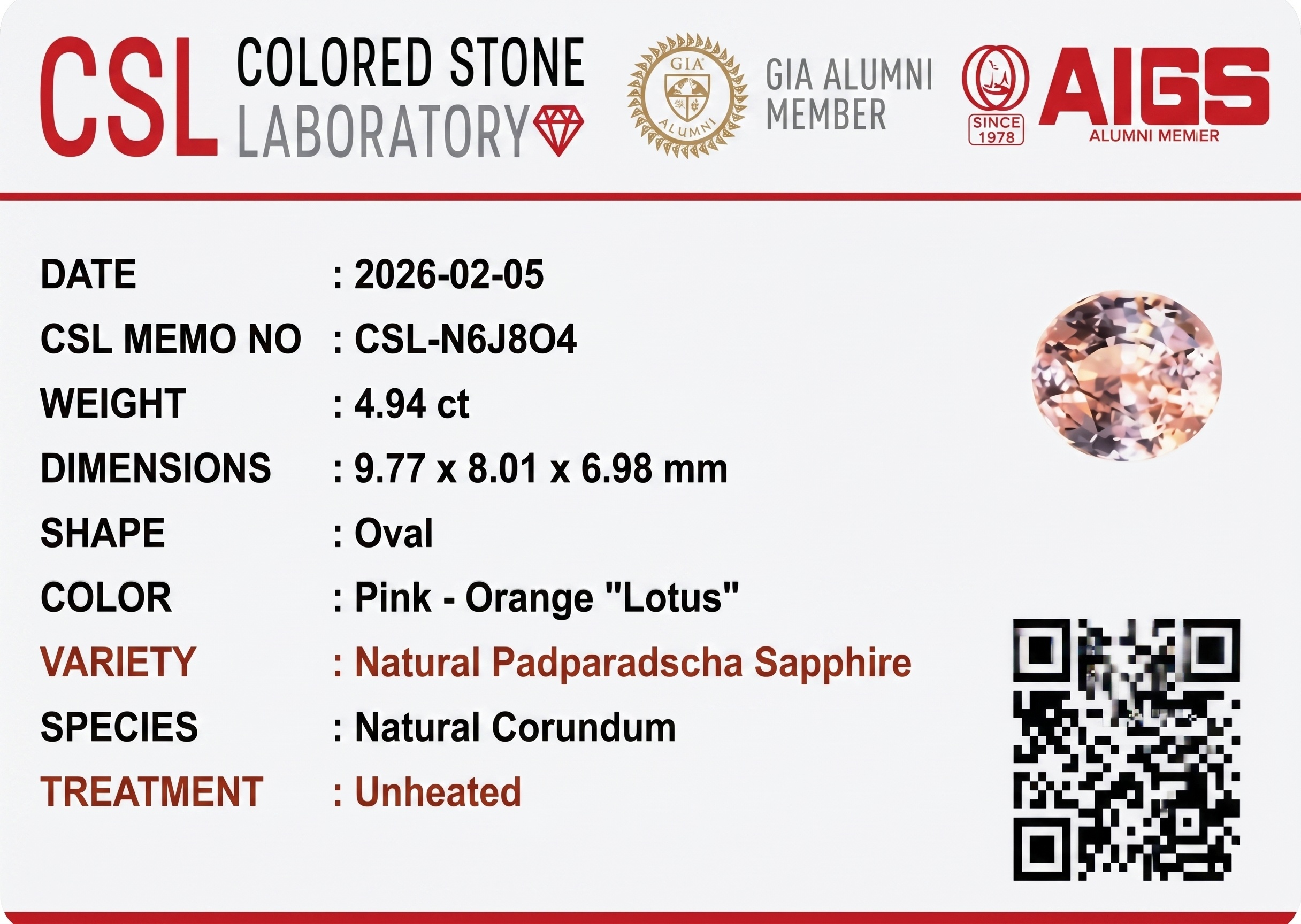 4.93 Ct. Padparadscha Sapphire from Ceylon (Sri Lanka)