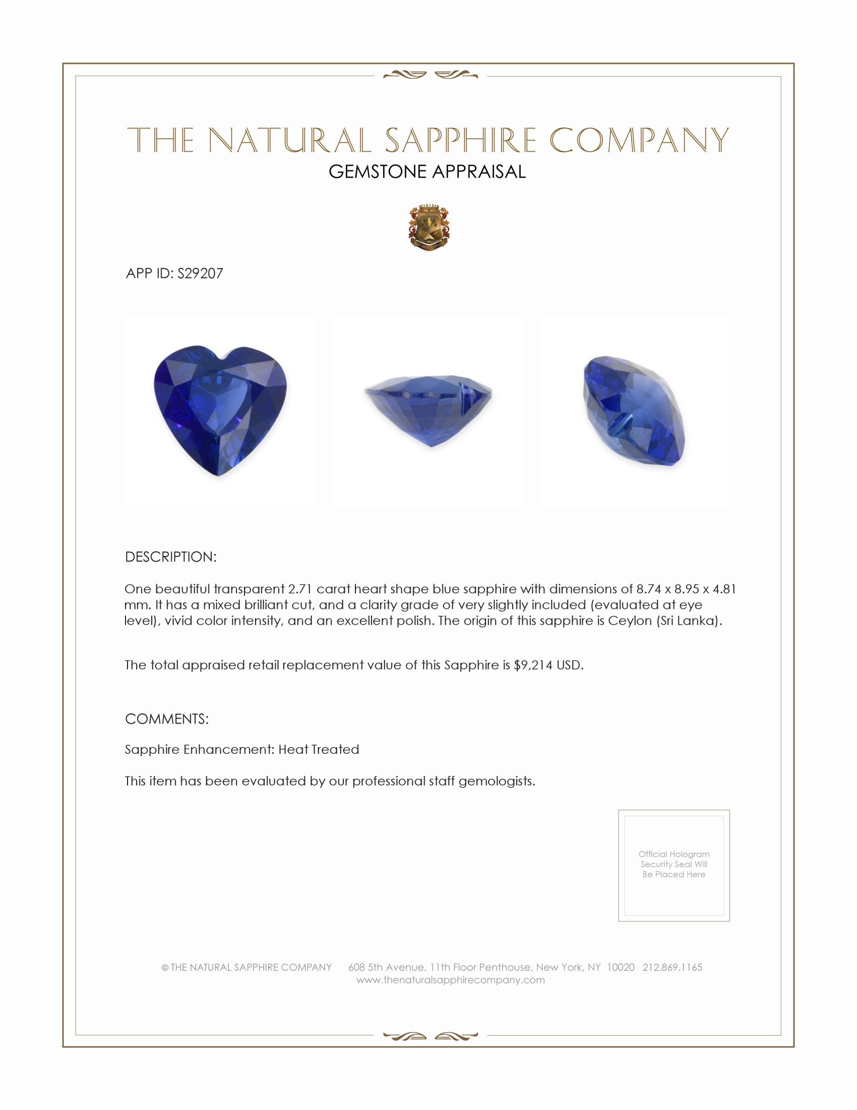 2.71 Ct. Blue Sapphire from Ceylon (Sri Lanka)