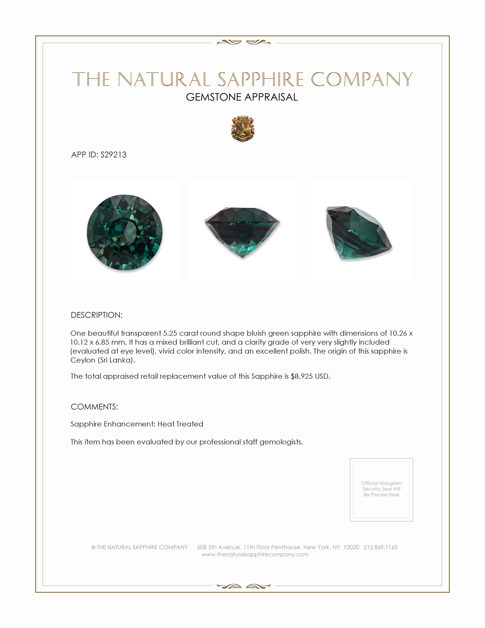 5.25 Ct. Bluish Green Sapphire from Ceylon (Sri Lanka)