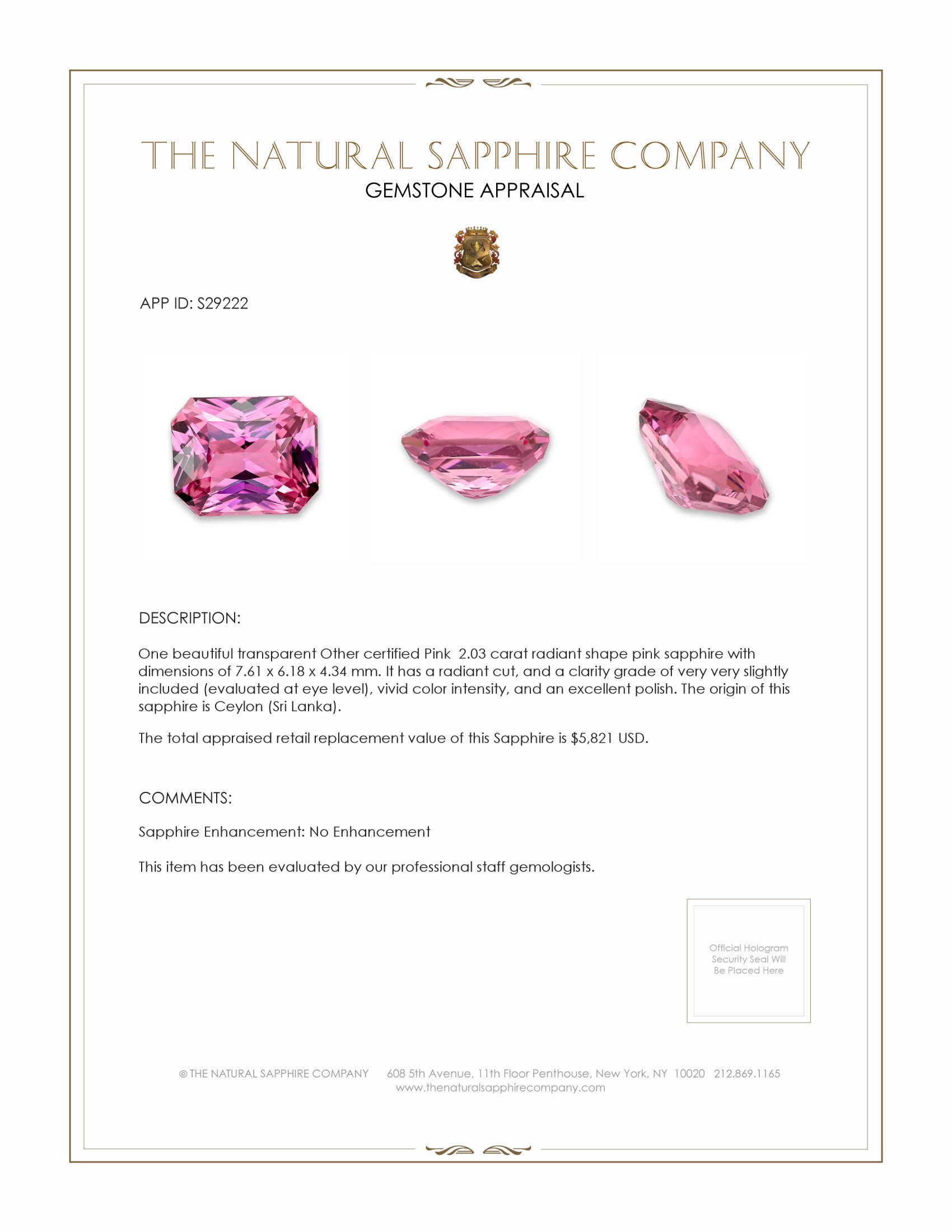 2.03 Ct. Pink Sapphire from Ceylon (Sri Lanka)