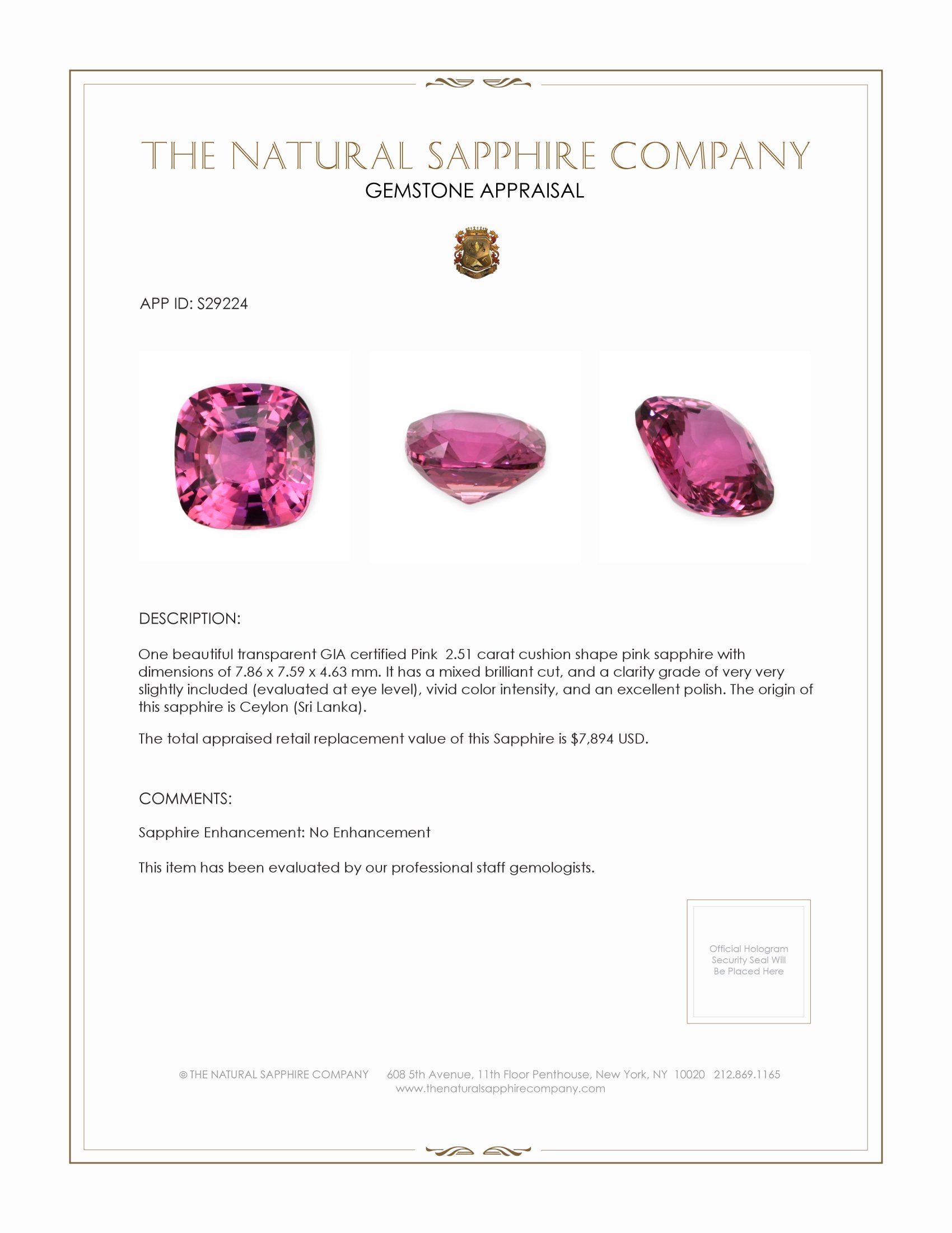 2.51 Ct. Pink Sapphire from Ceylon (Sri Lanka)