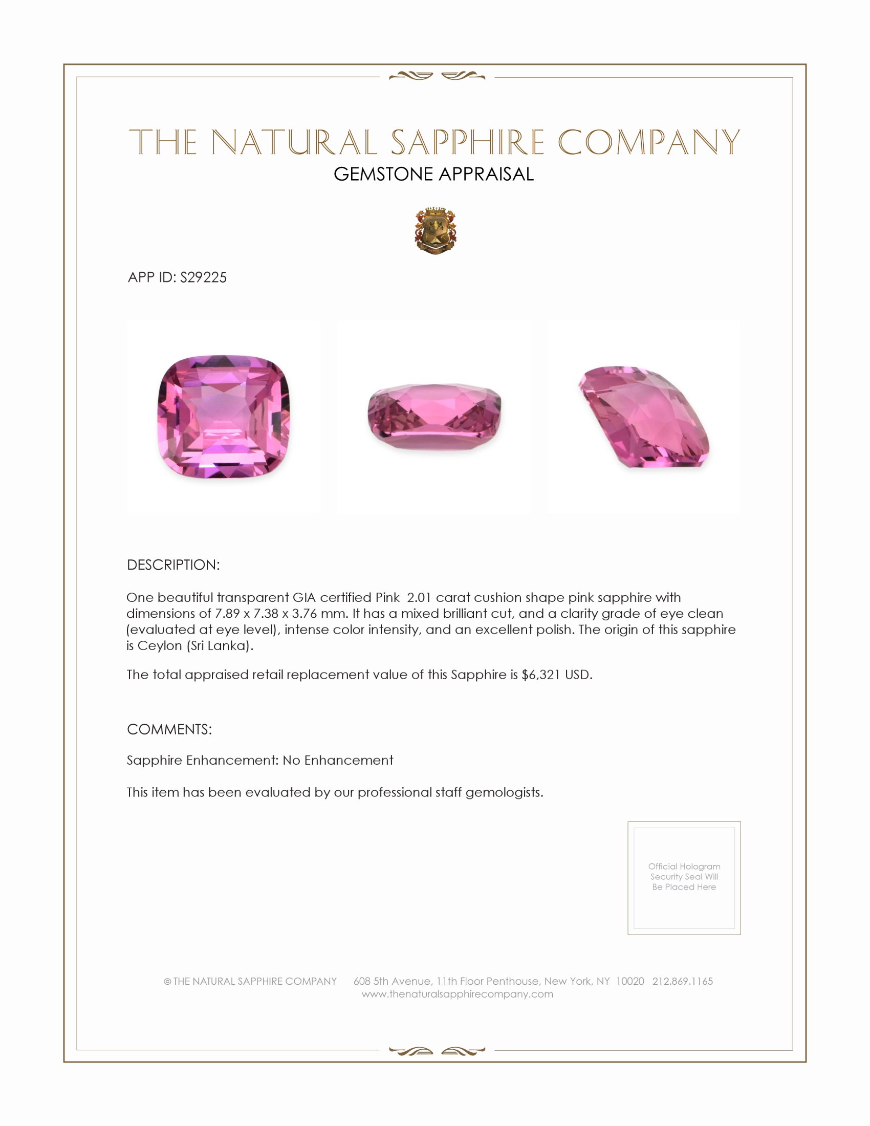2.01 Ct. Pink Sapphire from Ceylon (Sri Lanka)