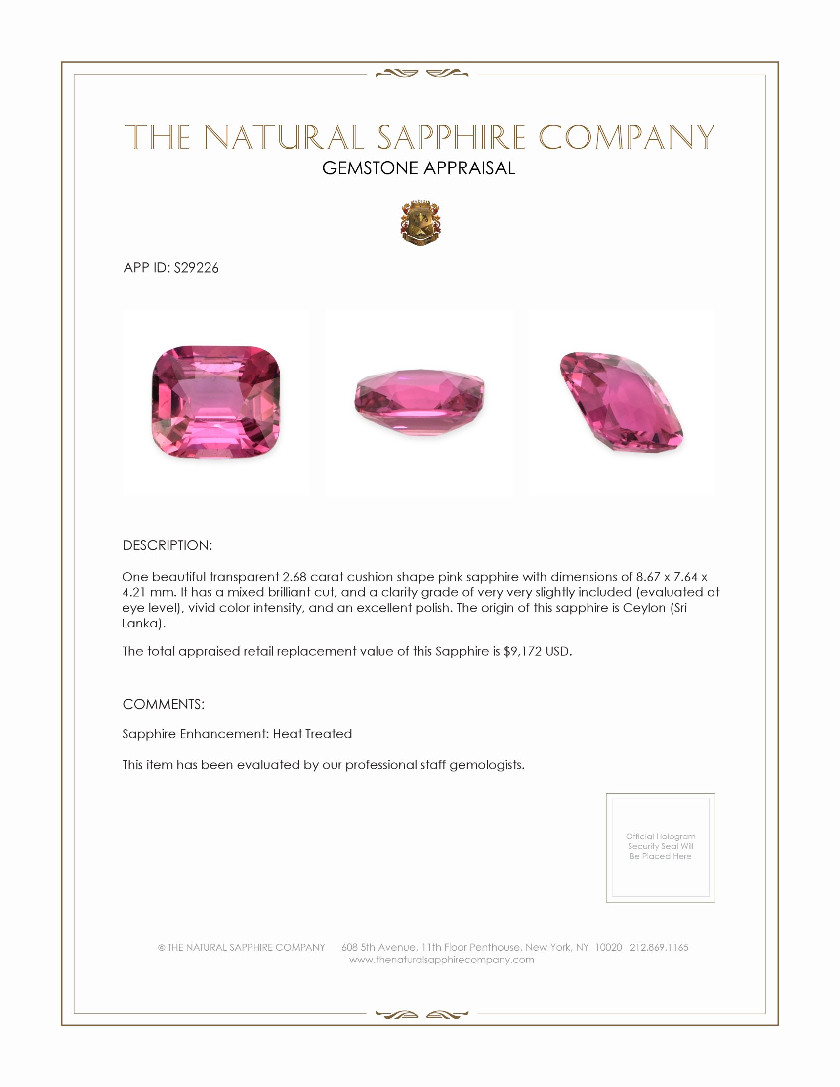 2.68 Ct. Pink Sapphire from Ceylon (Sri Lanka)