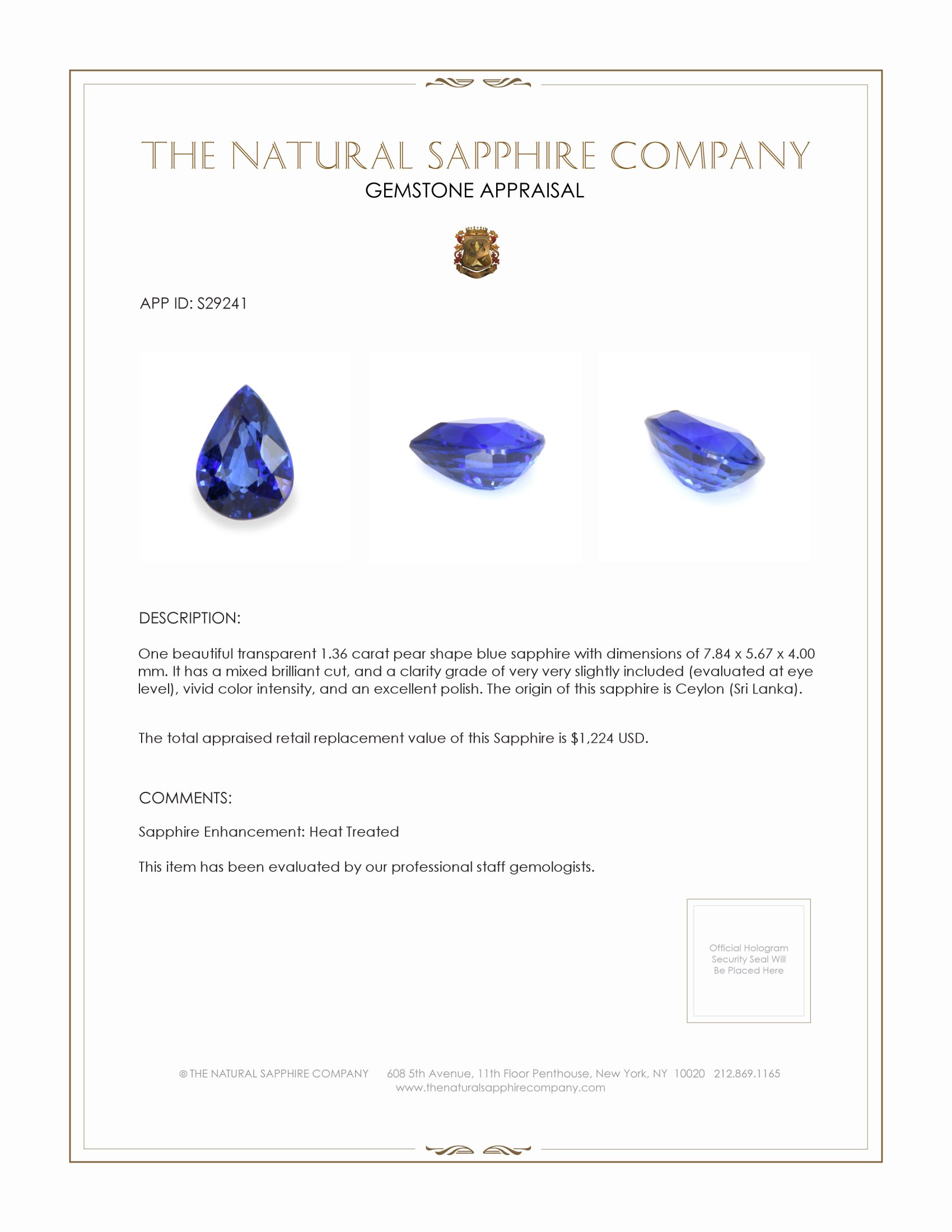 1.36 Ct. Blue Sapphire from Ceylon (Sri Lanka)