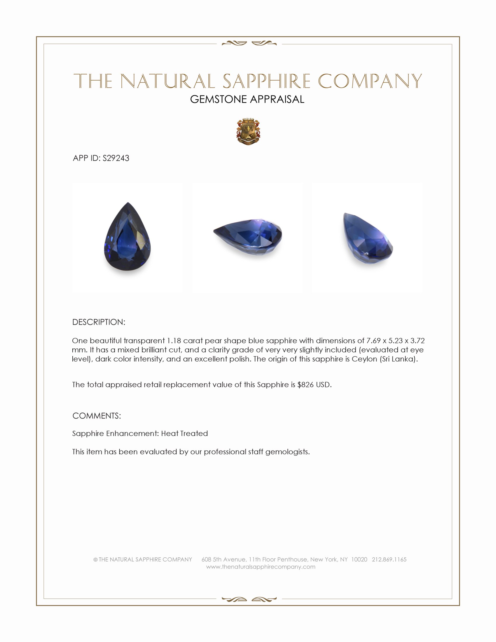 1.18 Ct. Blue Sapphire from Ceylon (Sri Lanka)
