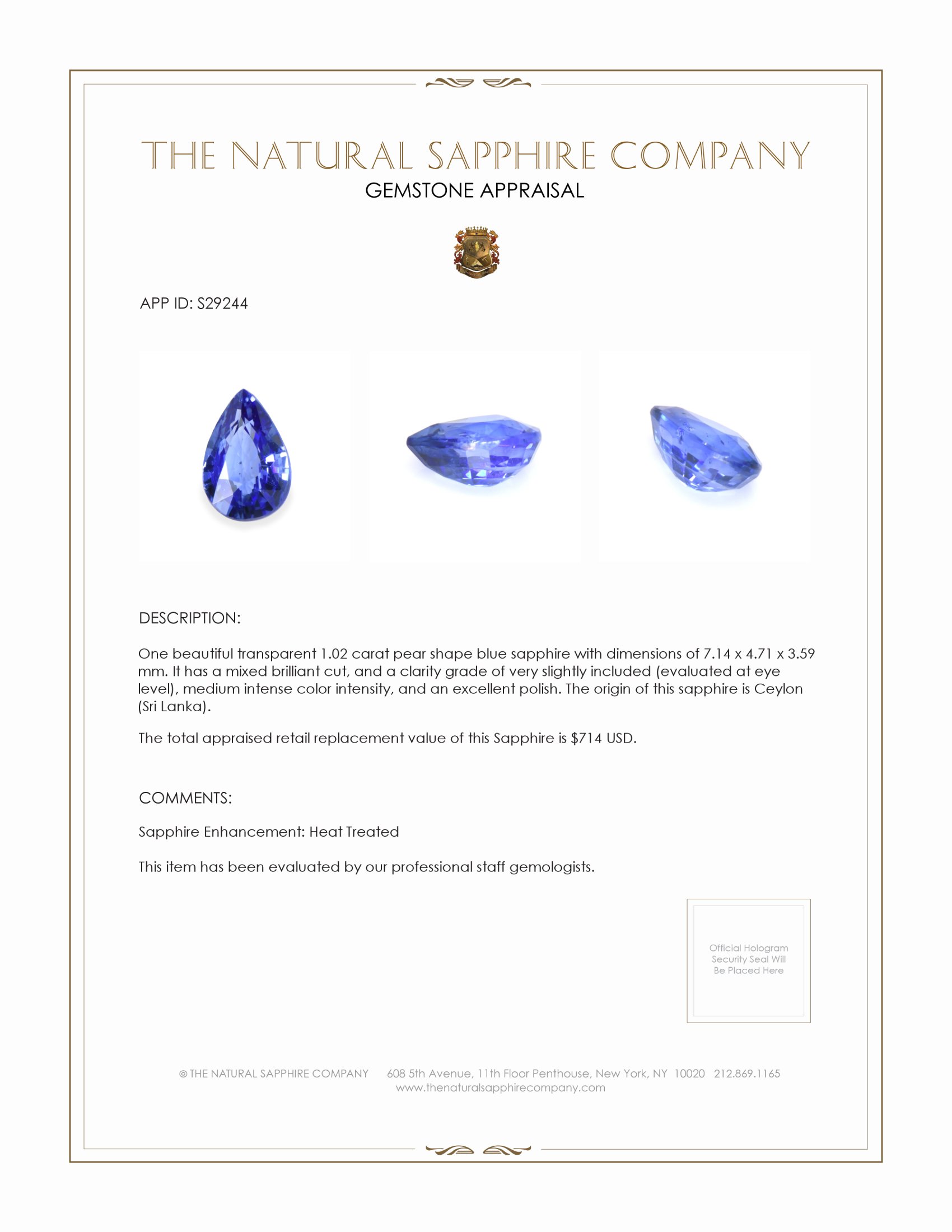 1.02 Ct. Blue Sapphire from Ceylon (Sri Lanka)