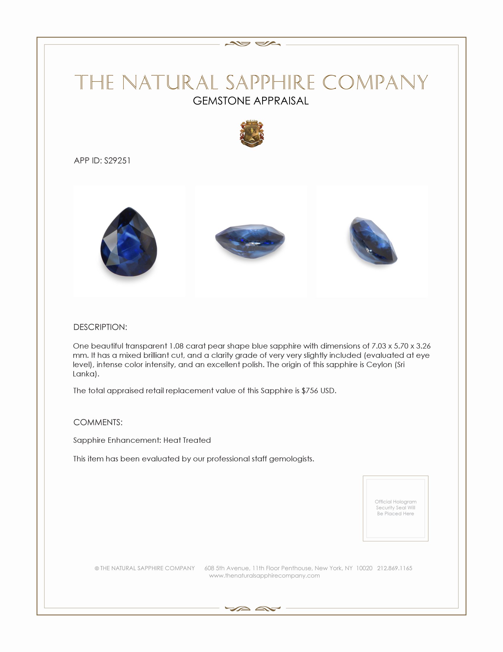 1.08 Ct. Blue Sapphire from Ceylon (Sri Lanka)