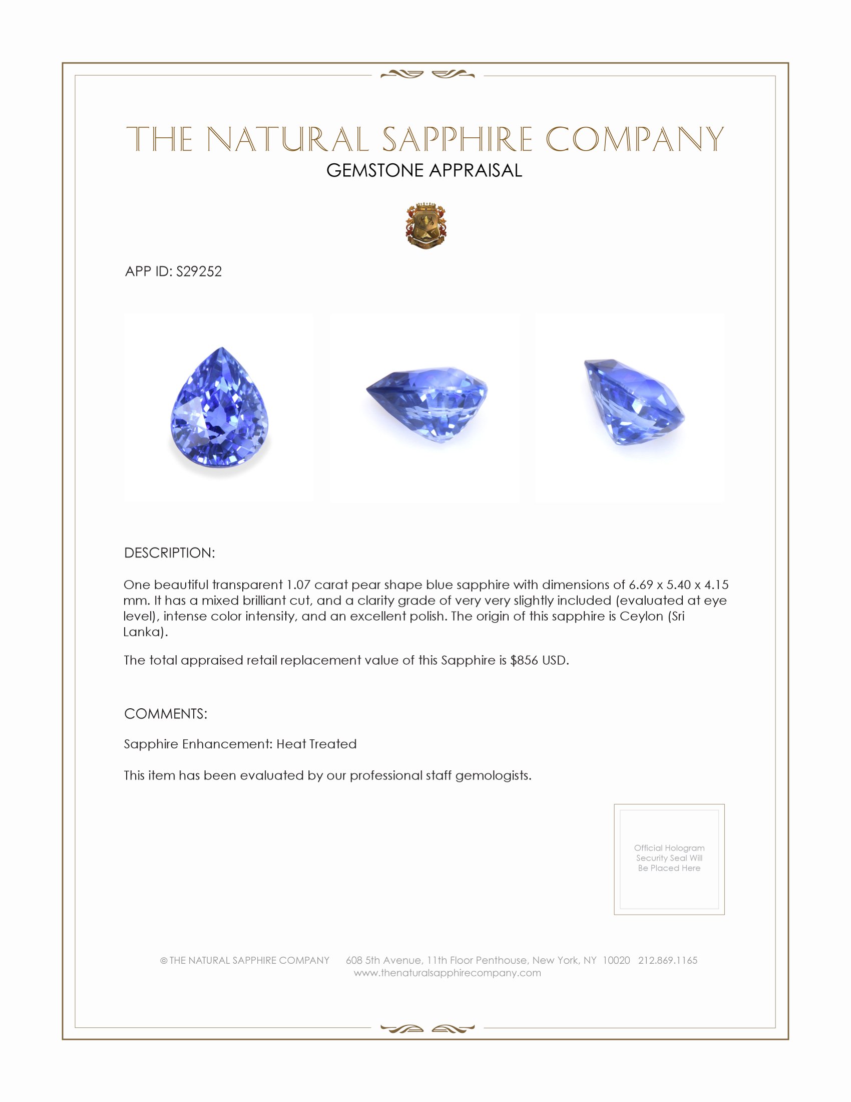 1.07 Ct. Blue Sapphire from Ceylon (Sri Lanka)