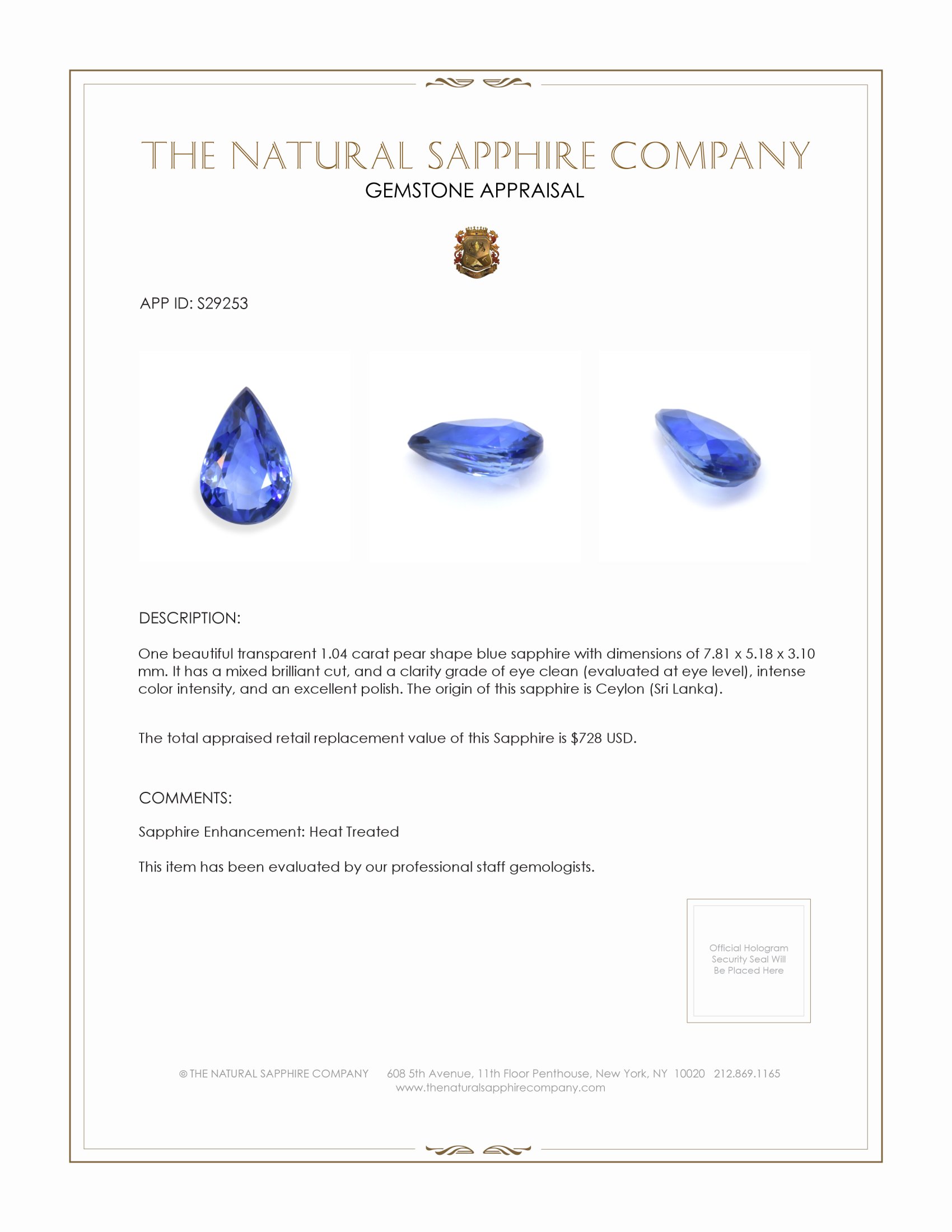 1.04 Ct. Blue Sapphire from Ceylon (Sri Lanka)