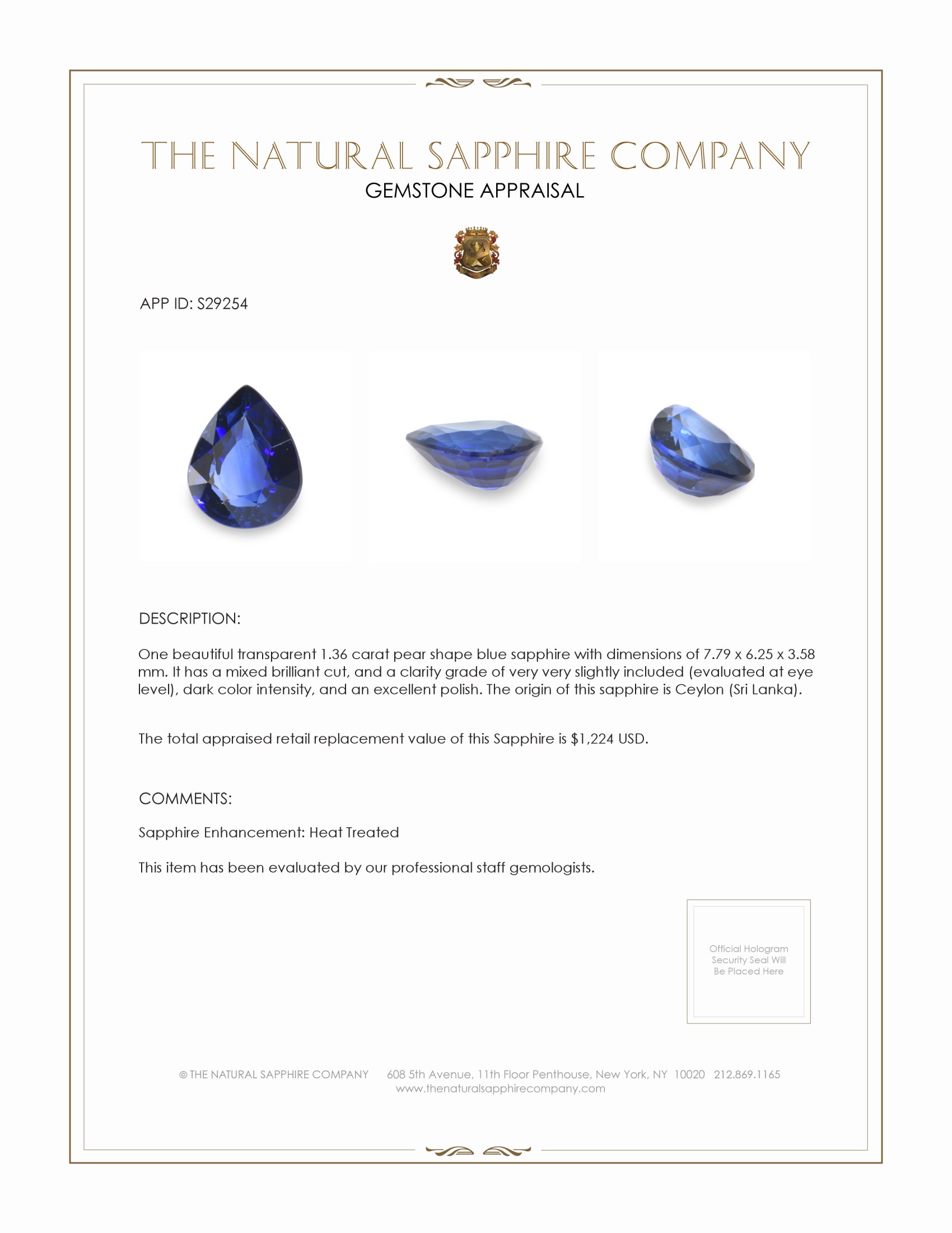 1.36 Ct. Blue Sapphire from Ceylon (Sri Lanka)