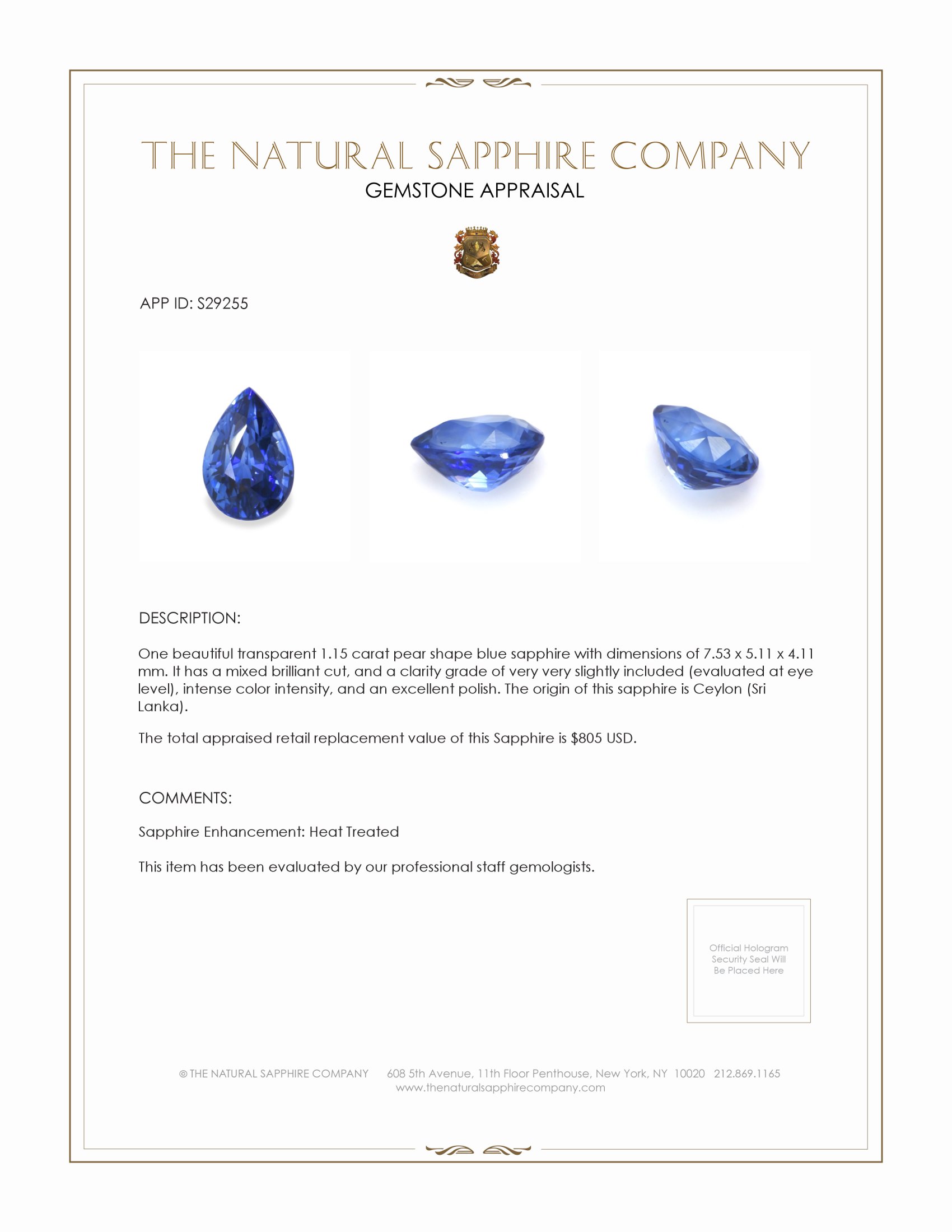 1.15 Ct. Blue Sapphire from Ceylon (Sri Lanka)