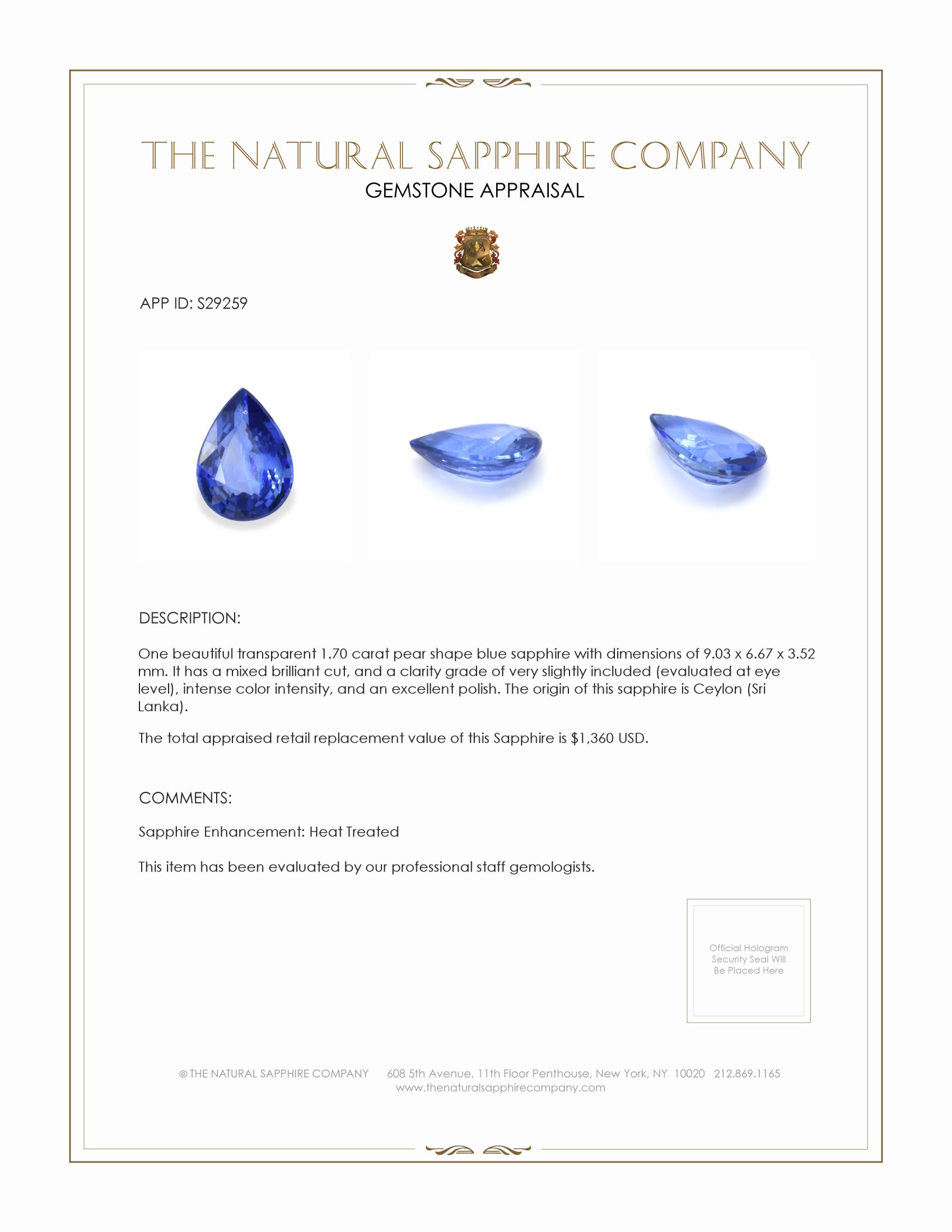 1.70 Ct. Blue Sapphire from Ceylon (Sri Lanka)