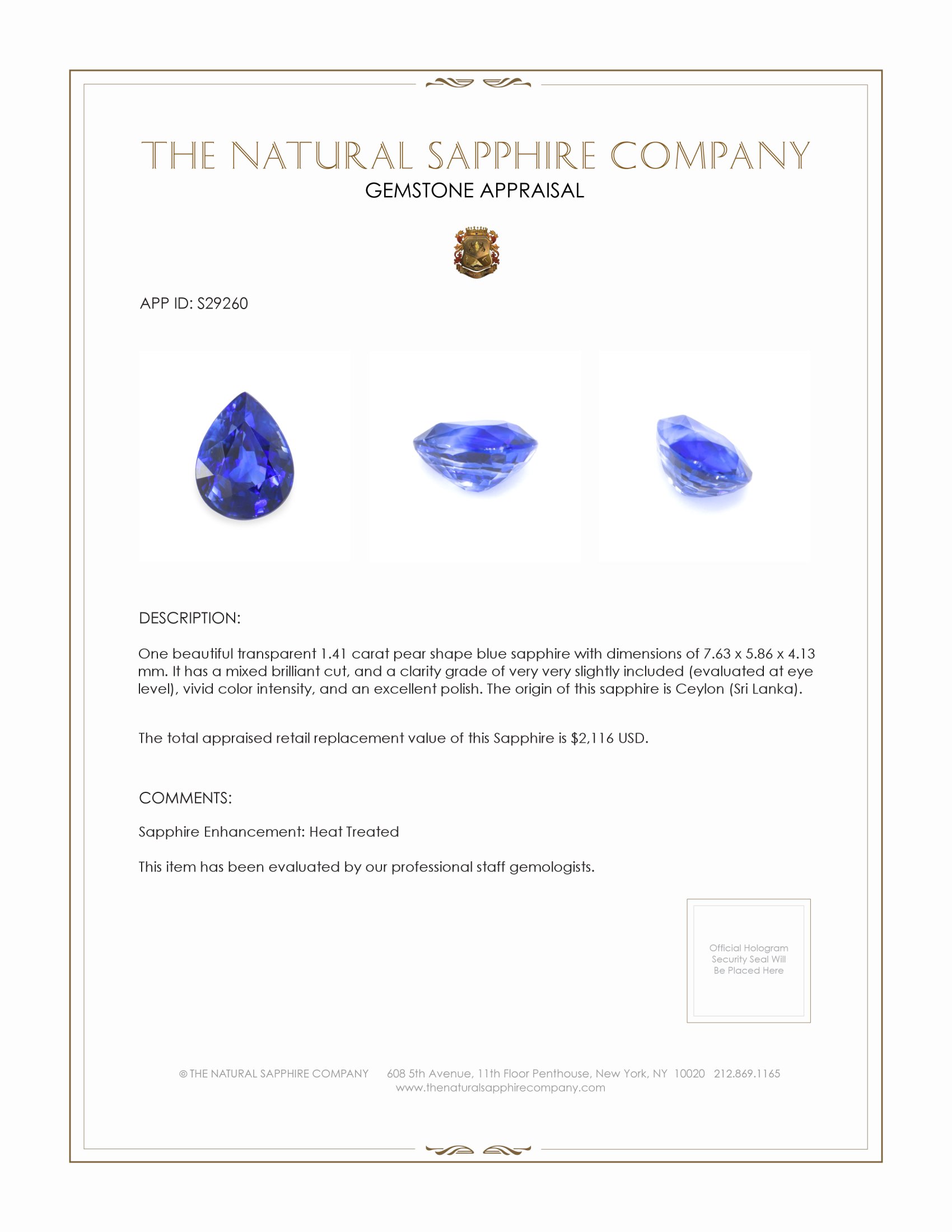 1.41 Ct. Blue Sapphire from Ceylon (Sri Lanka)