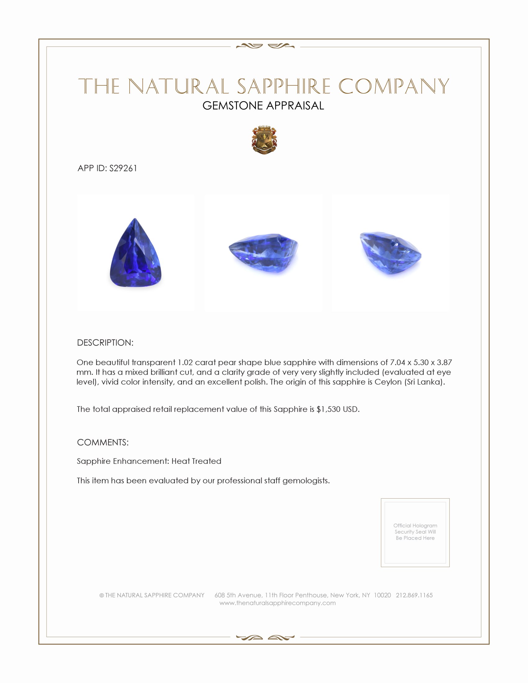 1.02 Ct. Blue Sapphire from Ceylon (Sri Lanka)