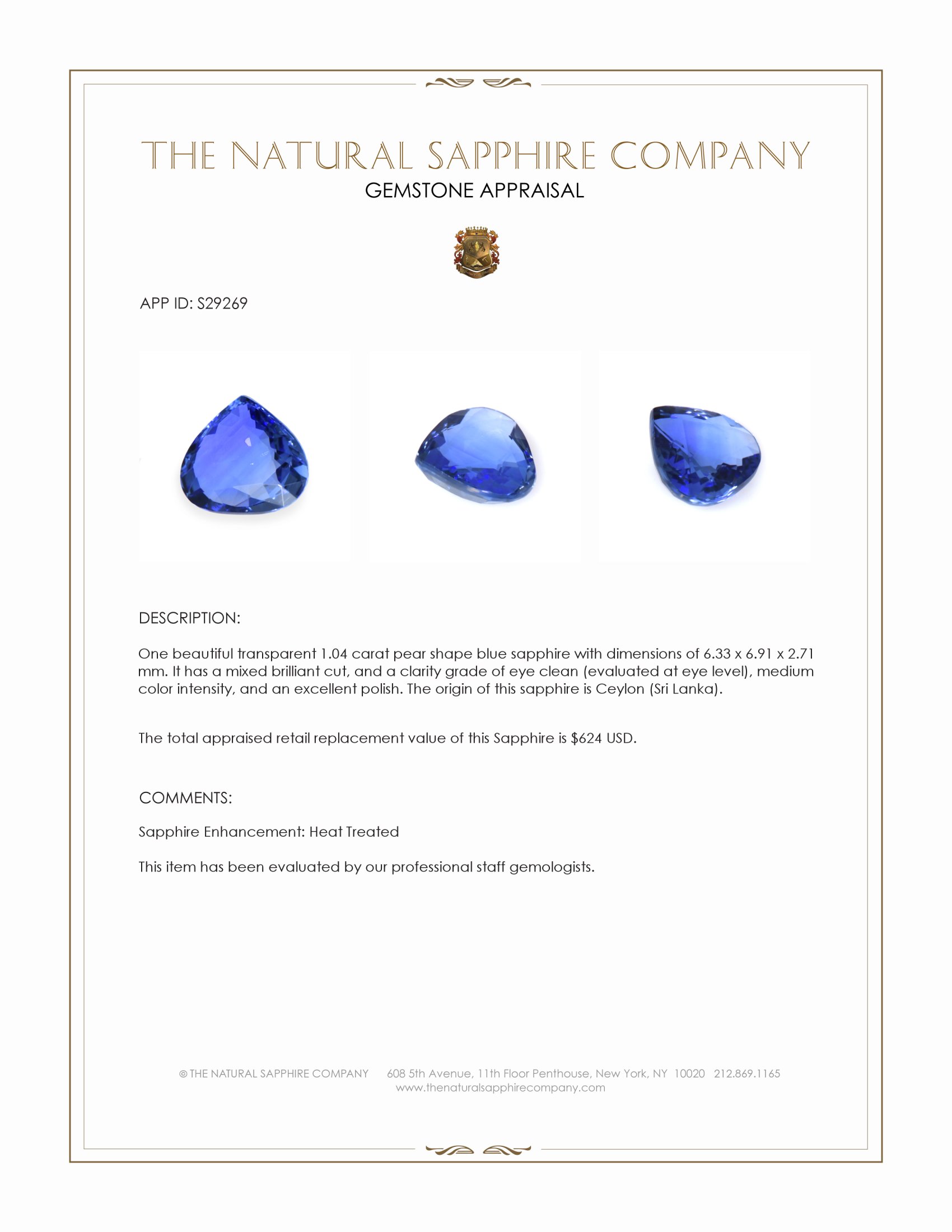 1.04 Ct. Blue Sapphire from Ceylon (Sri Lanka)