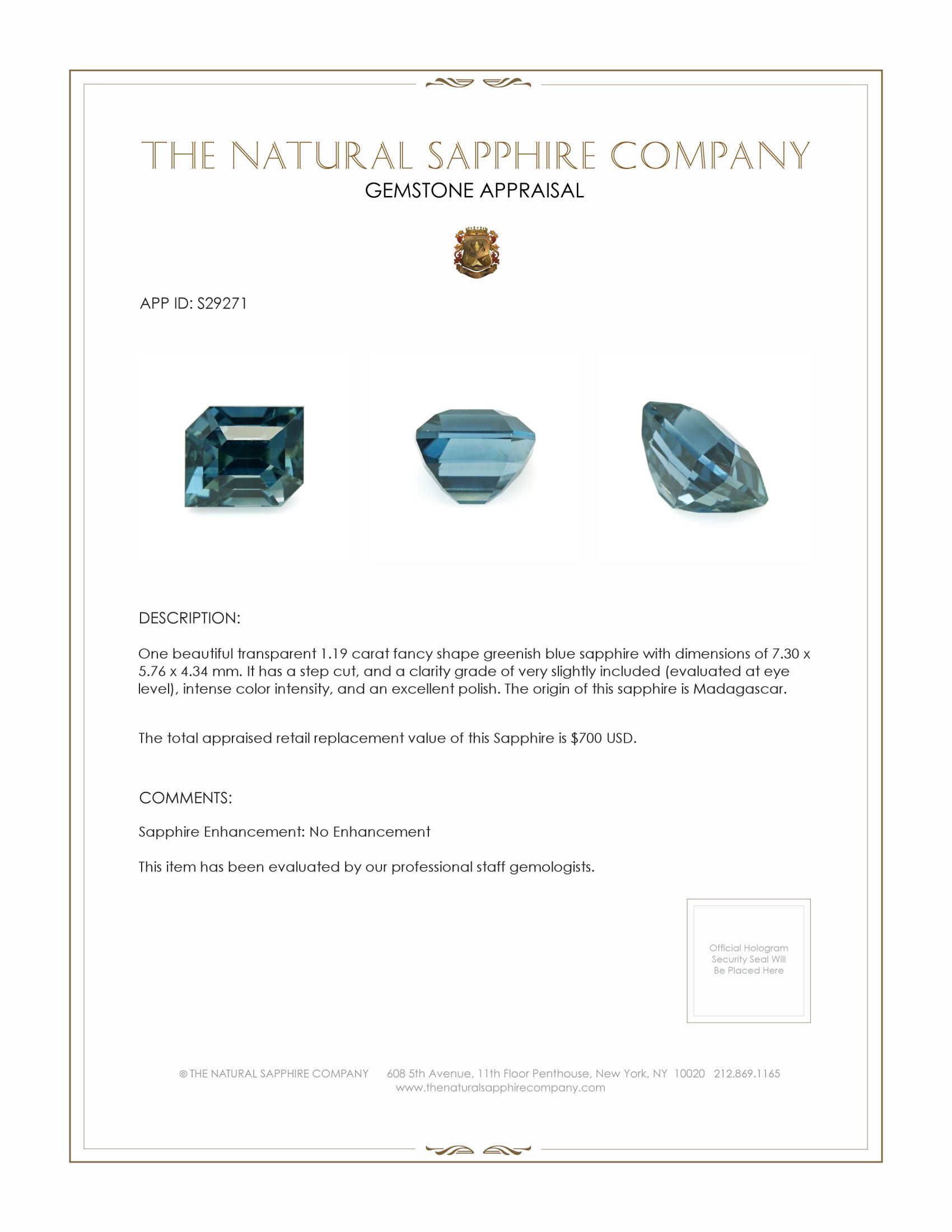 1.19 Ct. Greenish Blue Sapphire from Madagascar