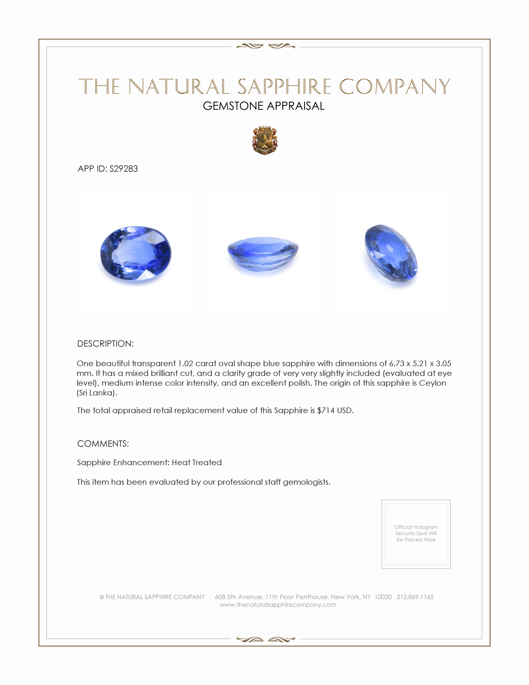 1.02 Ct. Blue Sapphire from Ceylon (Sri Lanka)