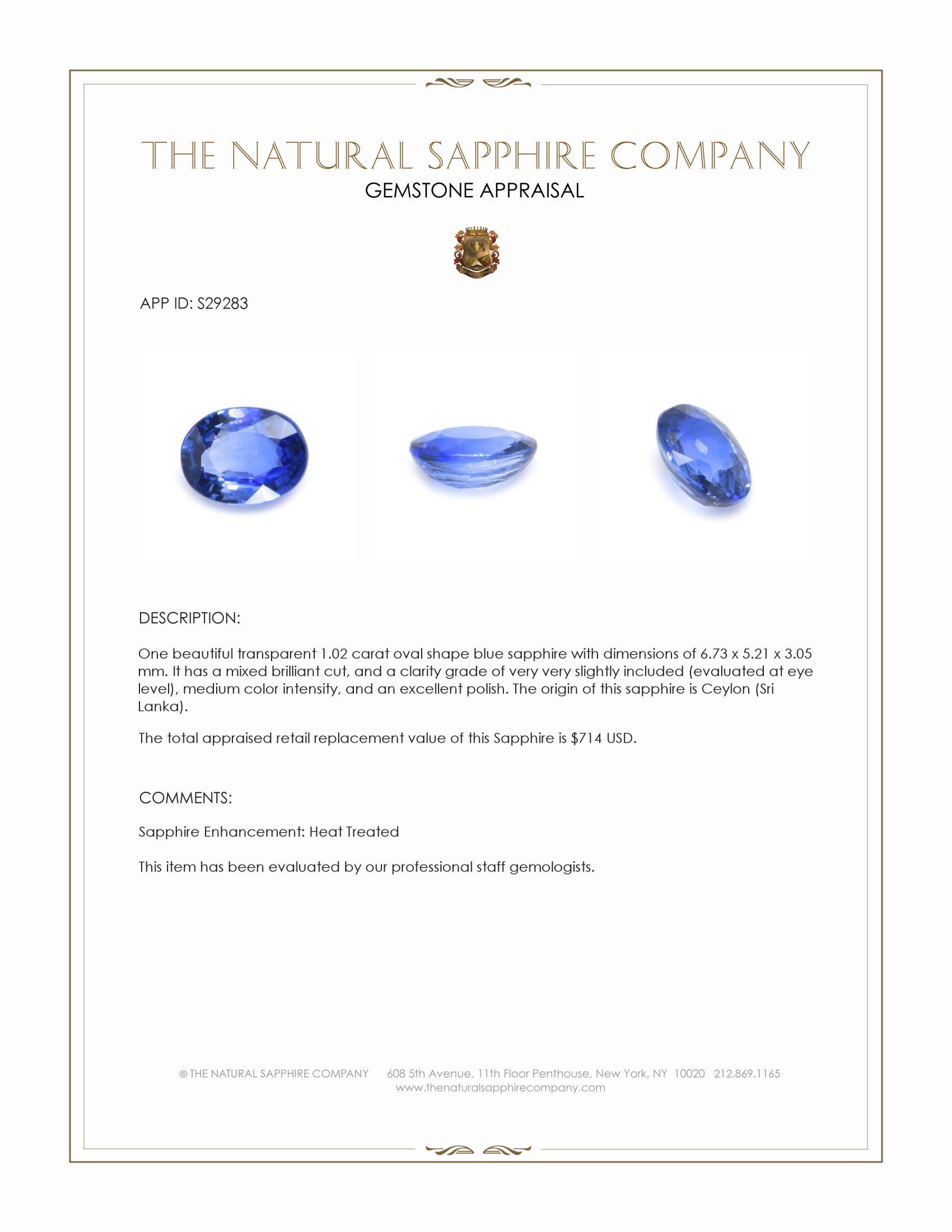 1.02 Ct. Blue Sapphire from Ceylon (Sri Lanka)