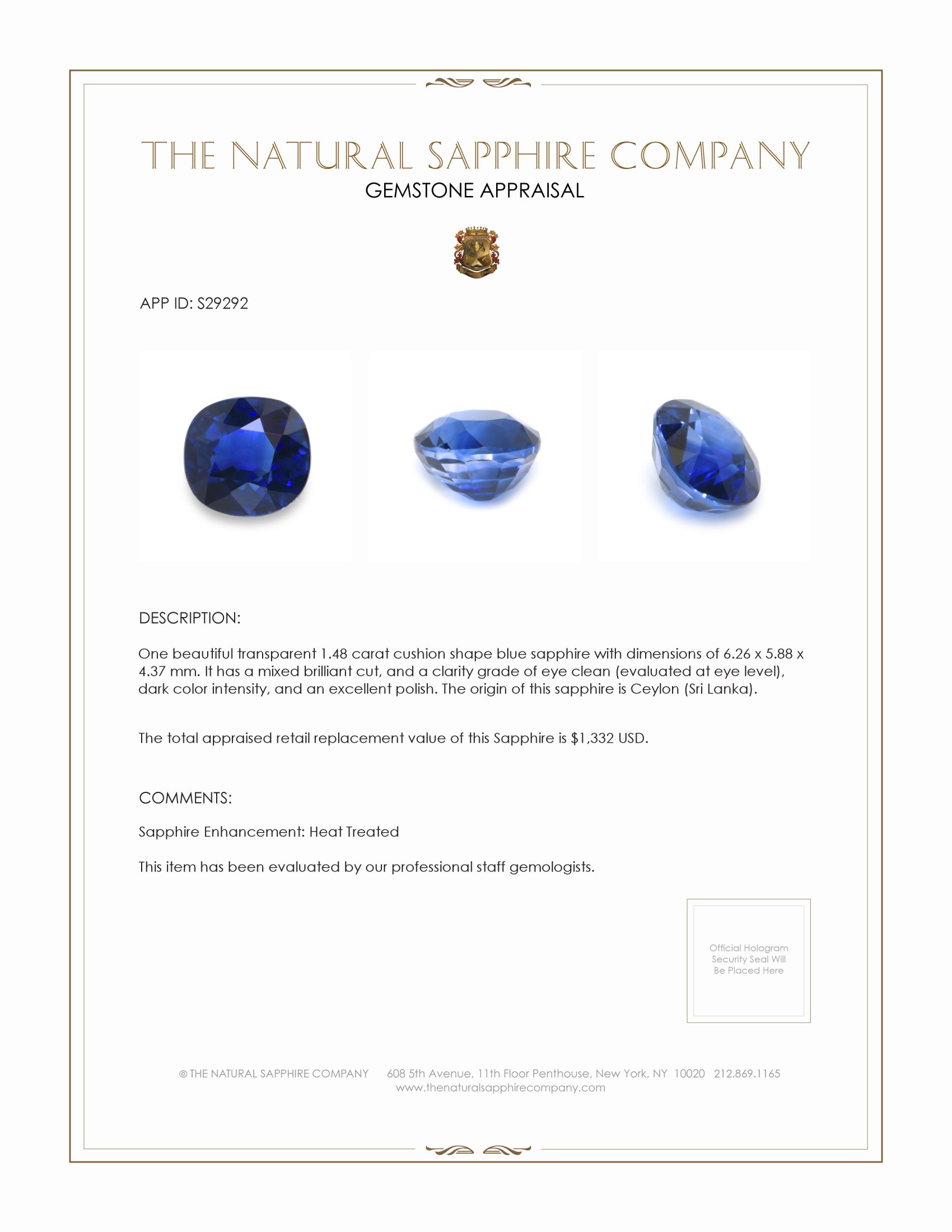 1.48 Ct. Blue Sapphire from Ceylon (Sri Lanka)