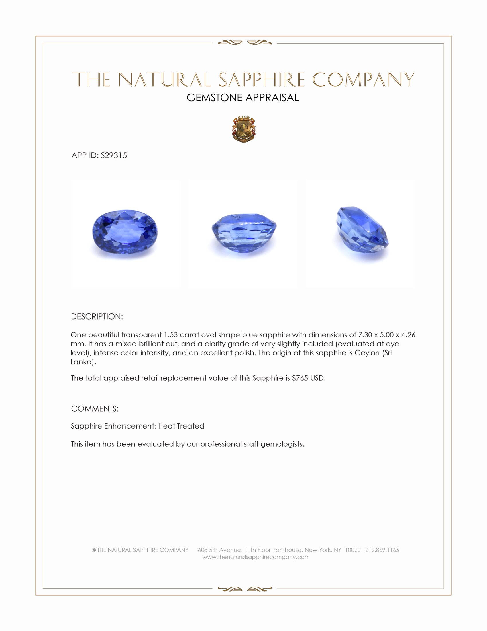 1.53 Ct. Blue Sapphire from Ceylon (Sri Lanka)
