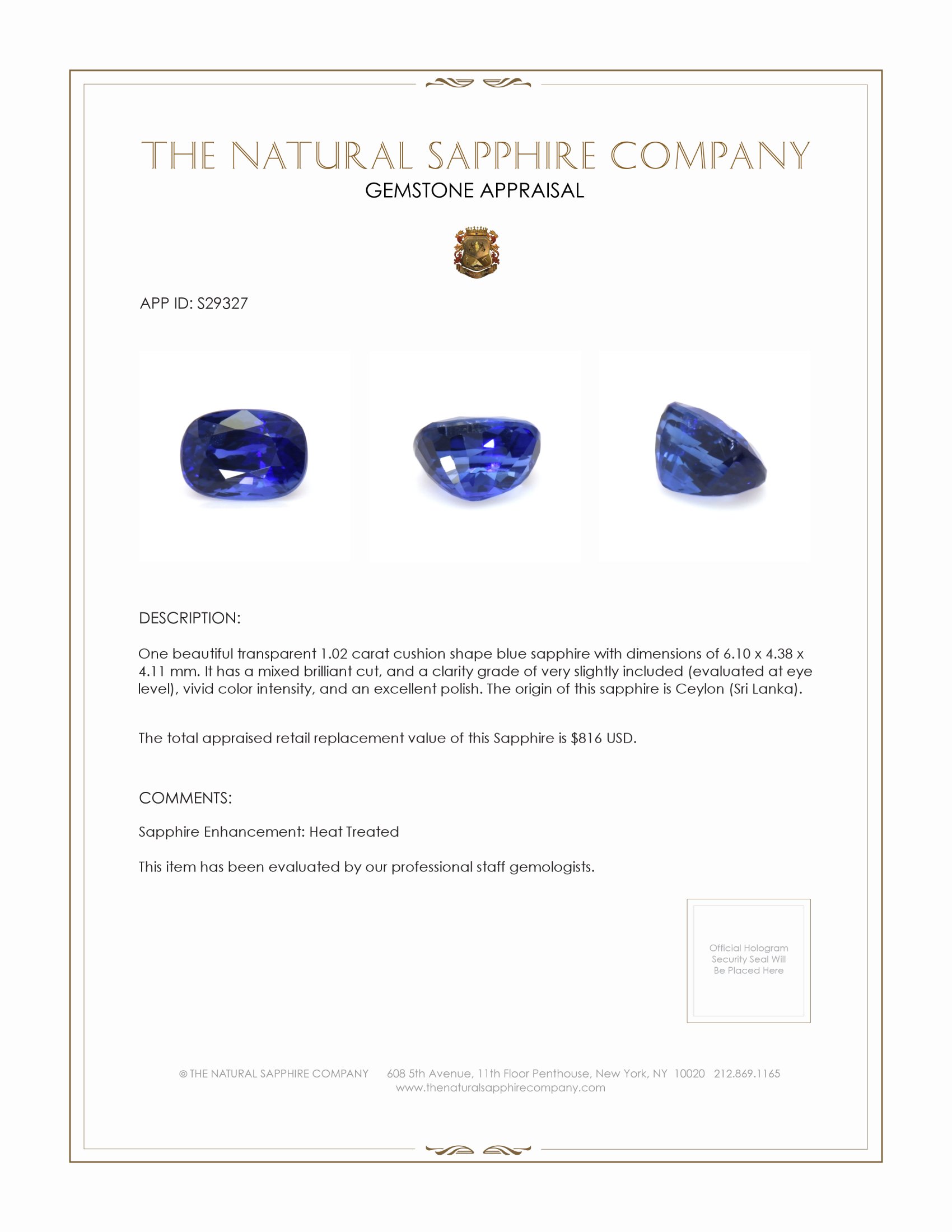 1.02 Ct. Blue Sapphire from Ceylon (Sri Lanka)