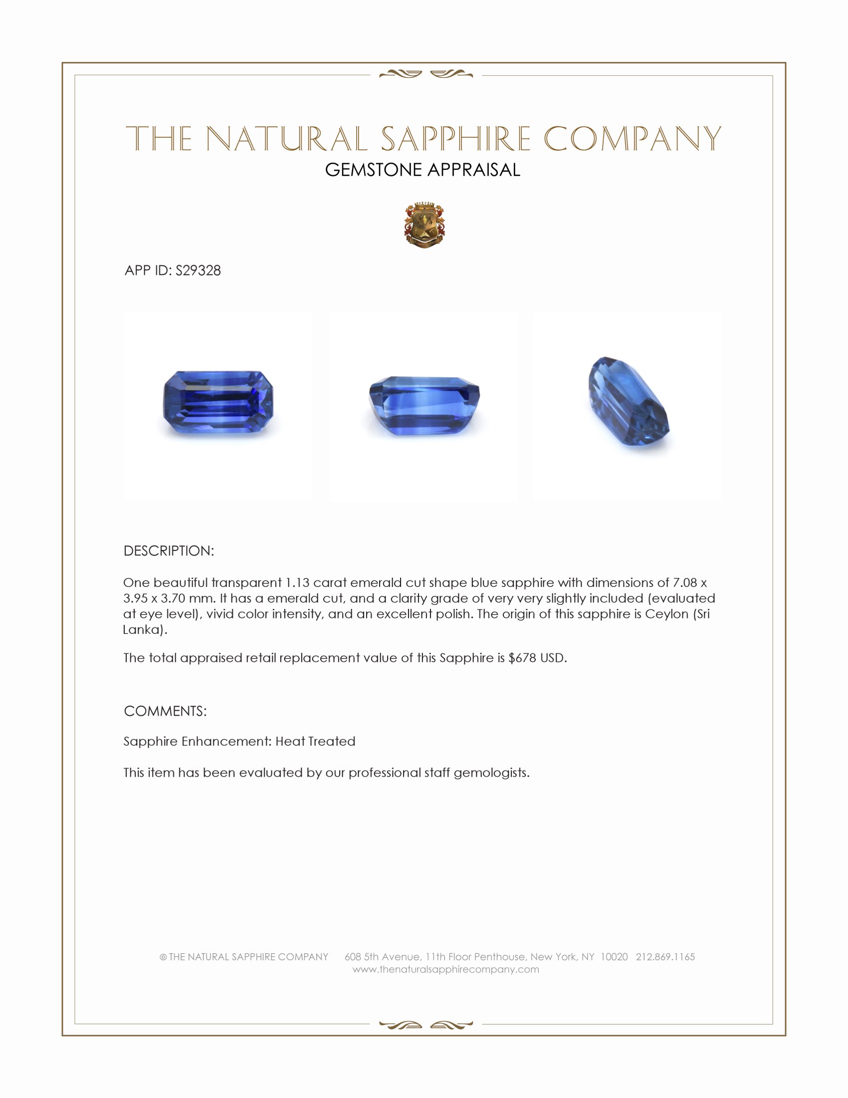 1.13 Ct. Blue Sapphire from Ceylon (Sri Lanka)