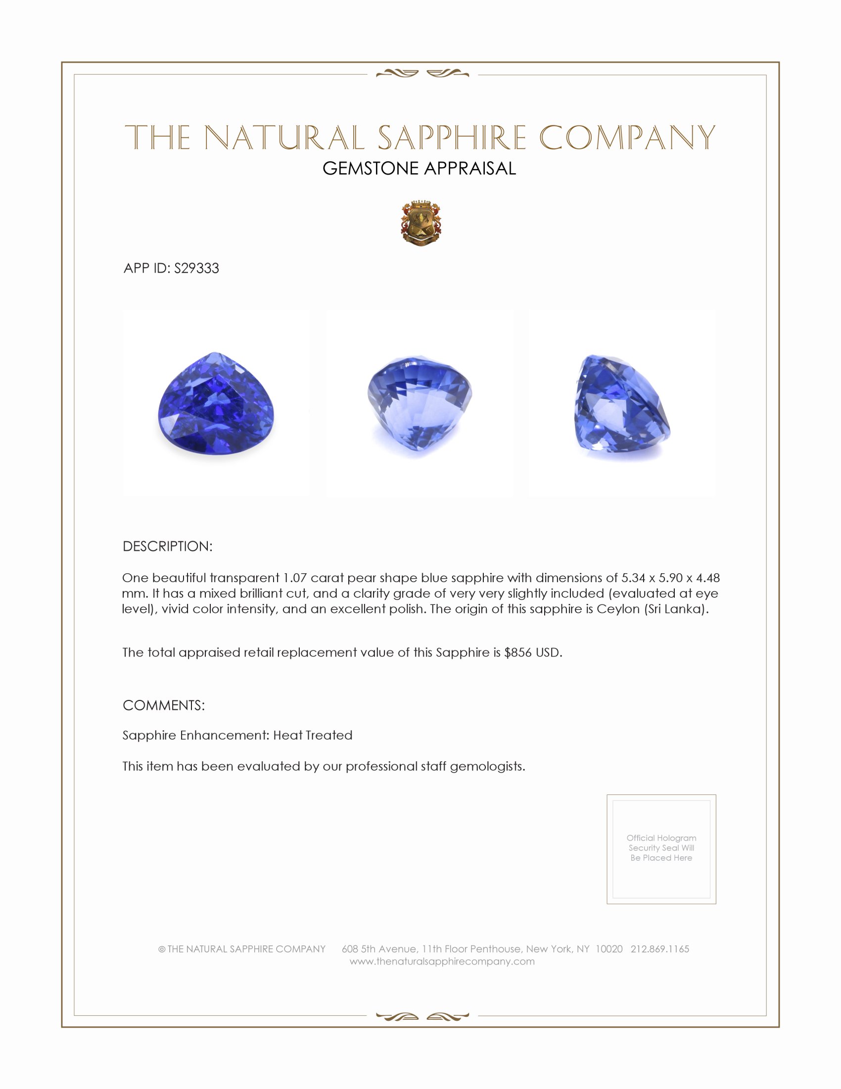 1.07 Ct. Blue Sapphire from Ceylon (Sri Lanka)