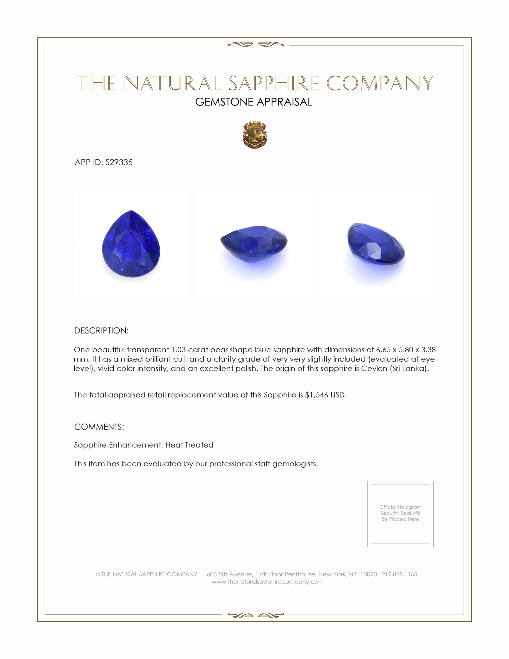 1.03 Ct. Blue Sapphire from Ceylon (Sri Lanka)