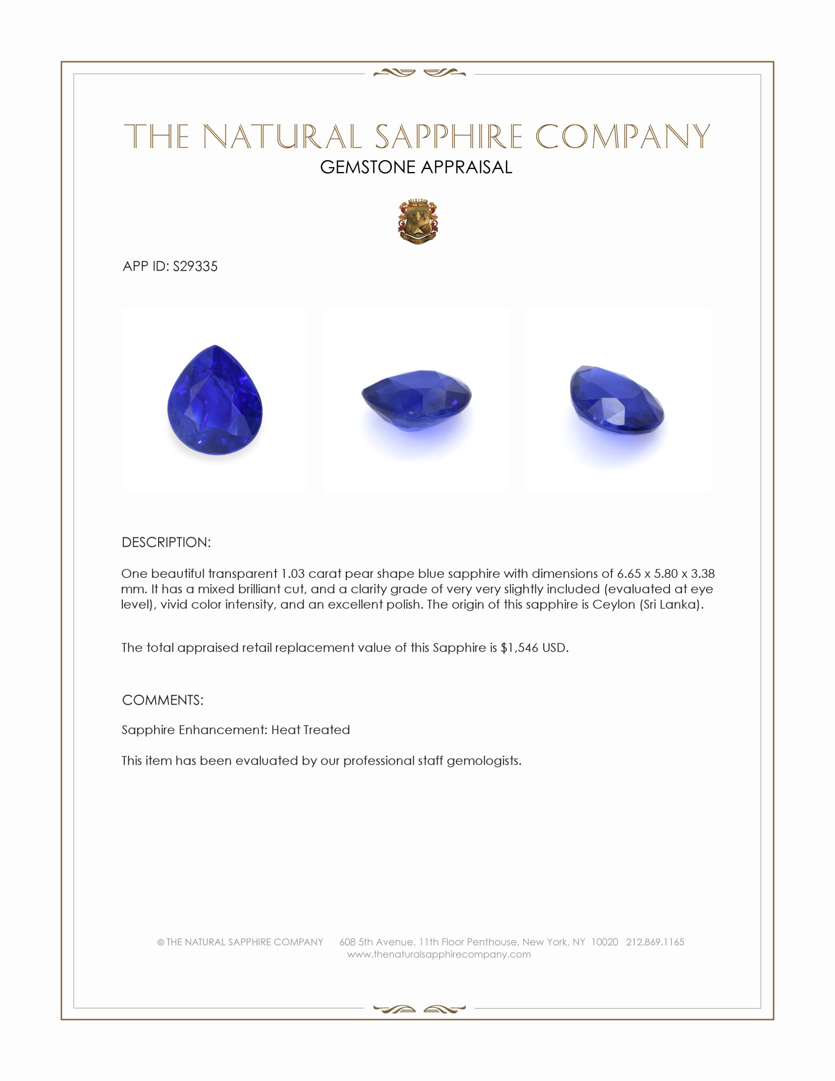 1.03 Ct. Blue Sapphire from Ceylon (Sri Lanka)