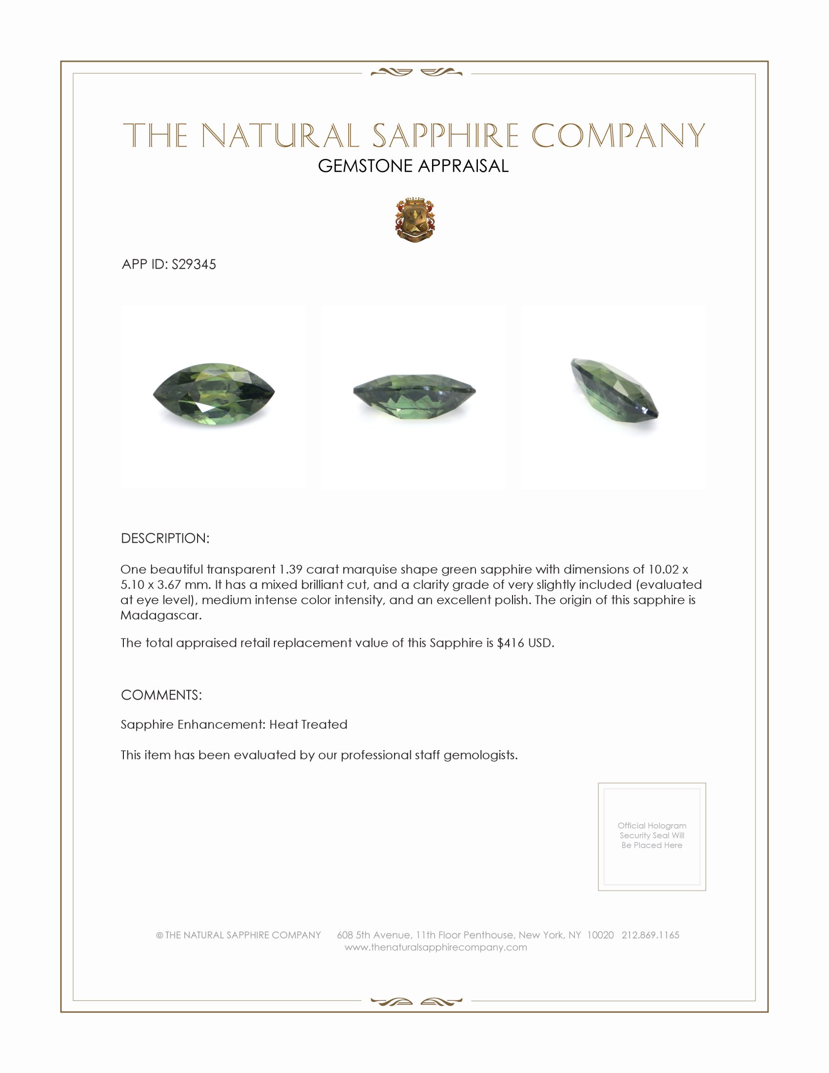 1.39 Ct. Green Sapphire from Madagascar