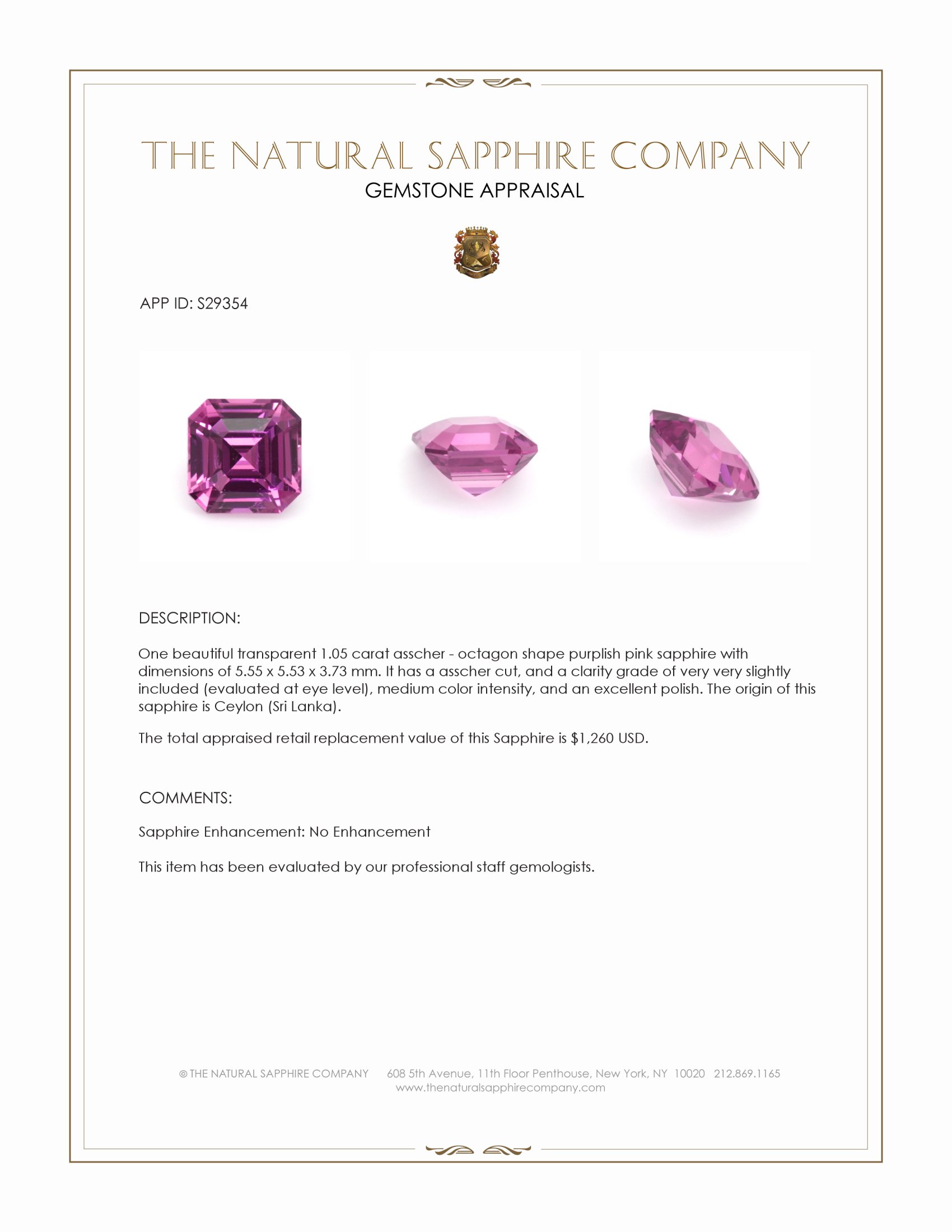 1.05 Ct. Purplish Pink Sapphire from Ceylon (Sri Lanka)