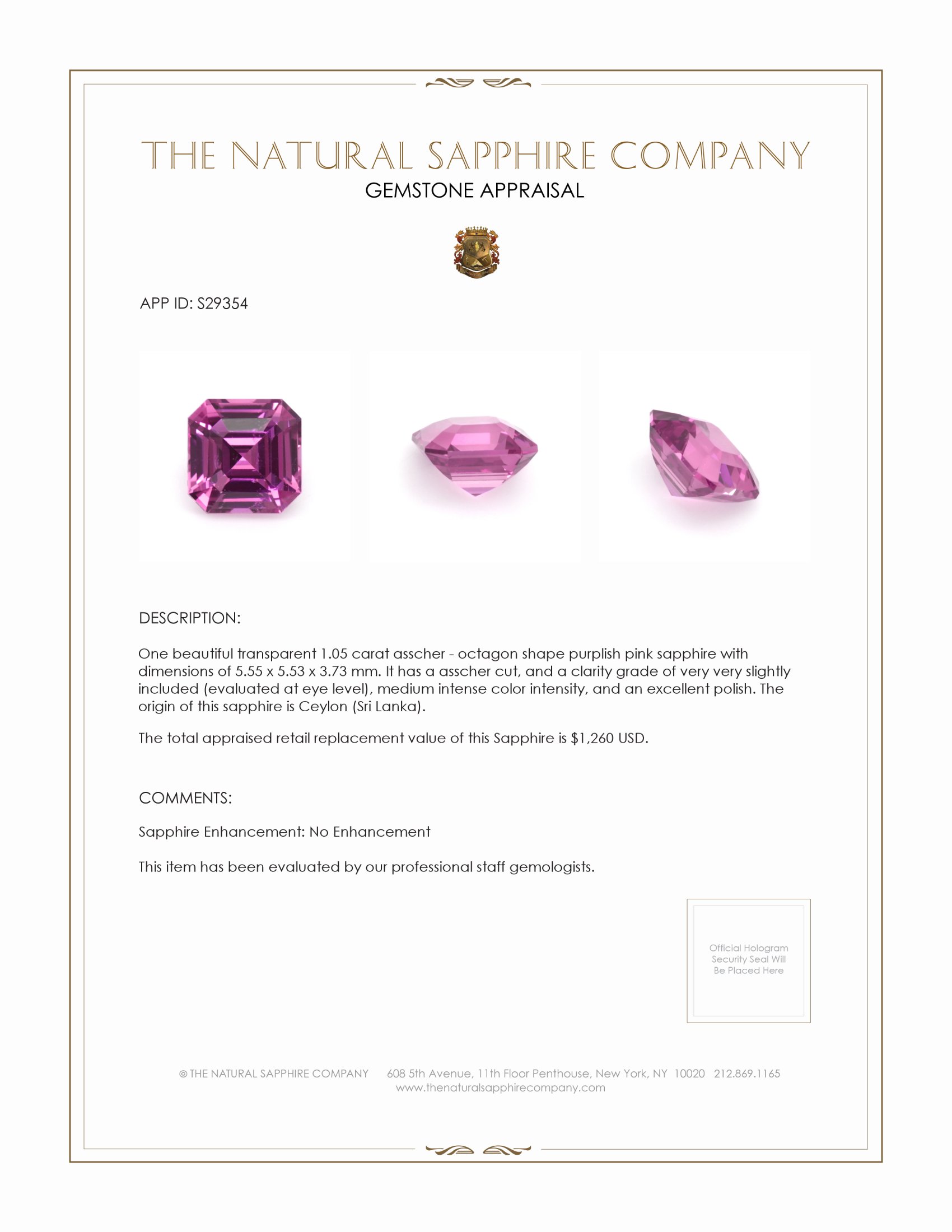 1.05 Ct. Purplish Pink Sapphire from Ceylon (Sri Lanka)