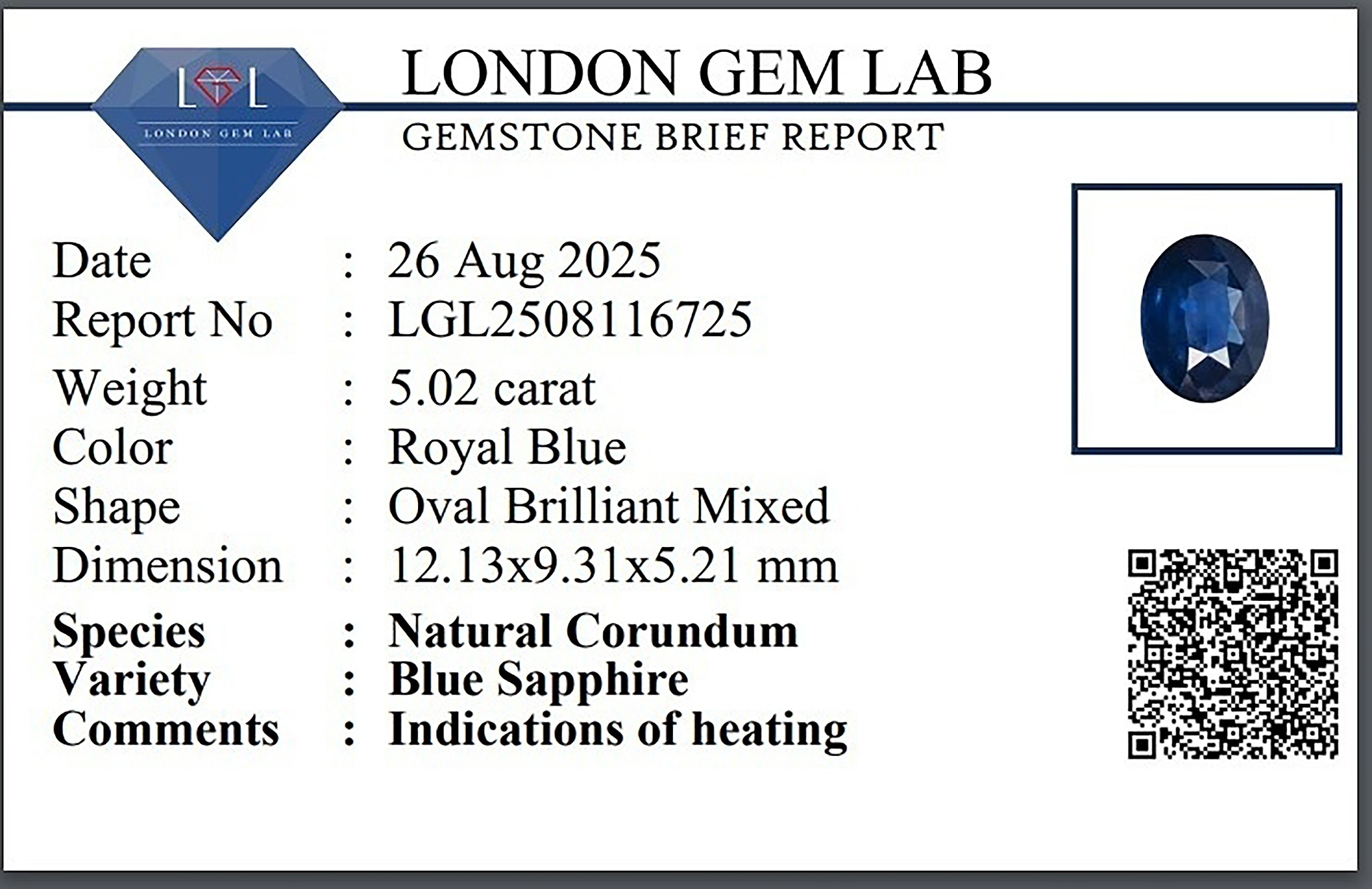 5.02 Ct. Blue Sapphire from Ceylon (Sri Lanka)