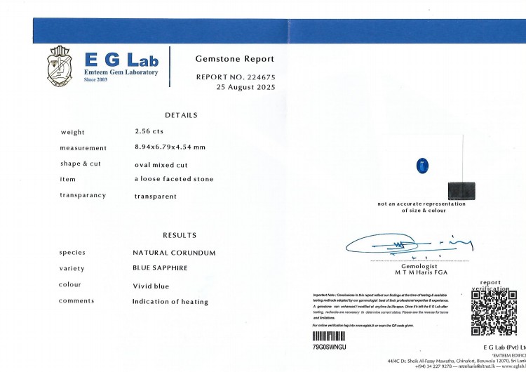 2.56 Ct. Blue Sapphire from Ceylon (Sri Lanka)