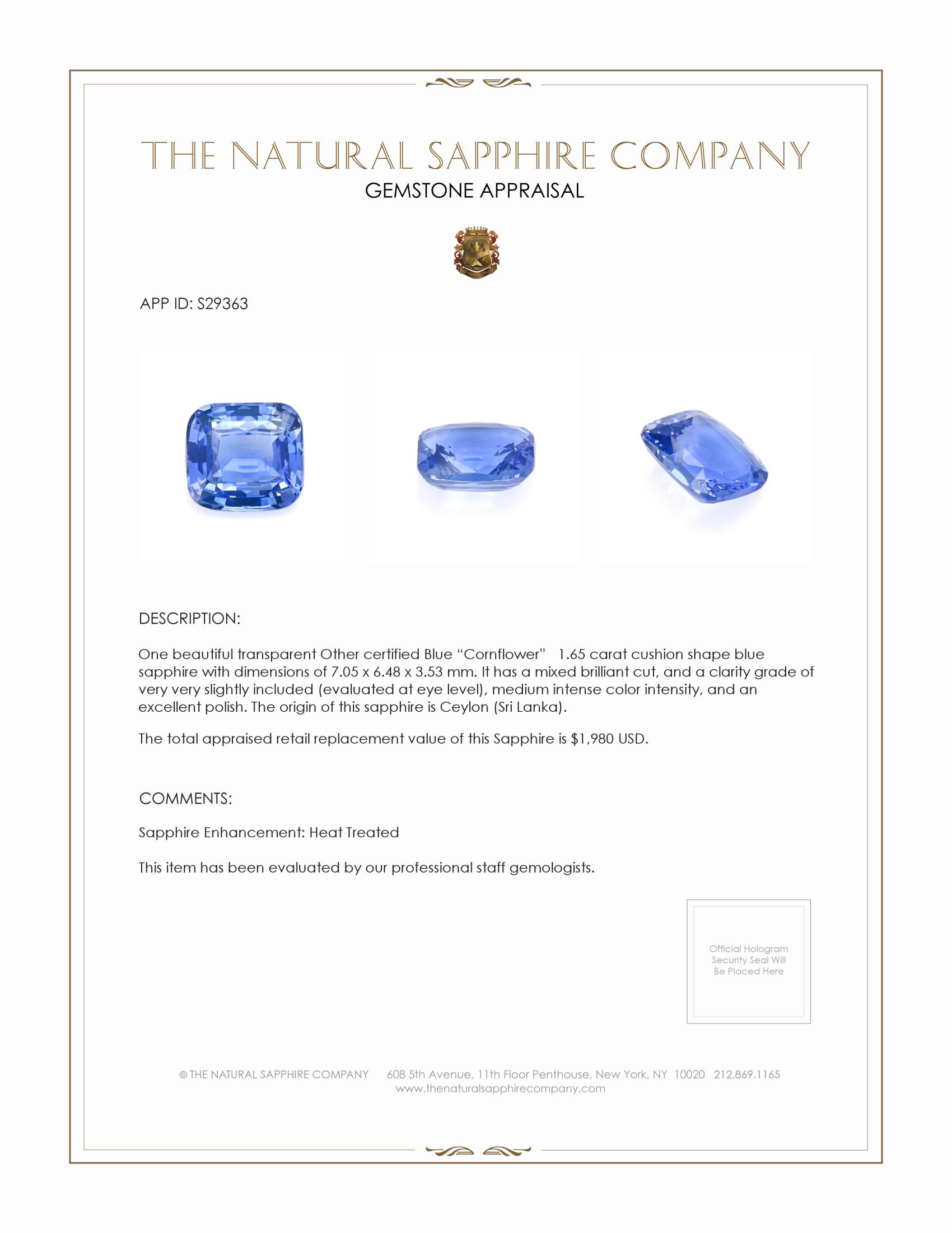 1.65 Ct. Blue Sapphire from Ceylon (Sri Lanka)