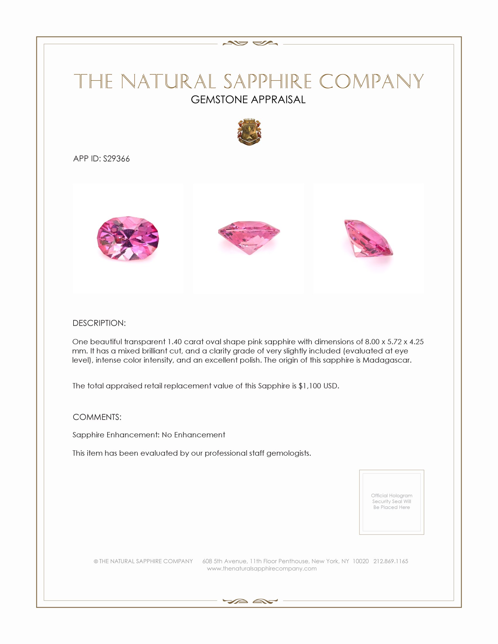 1.40 Ct. Pink Sapphire from Madagascar